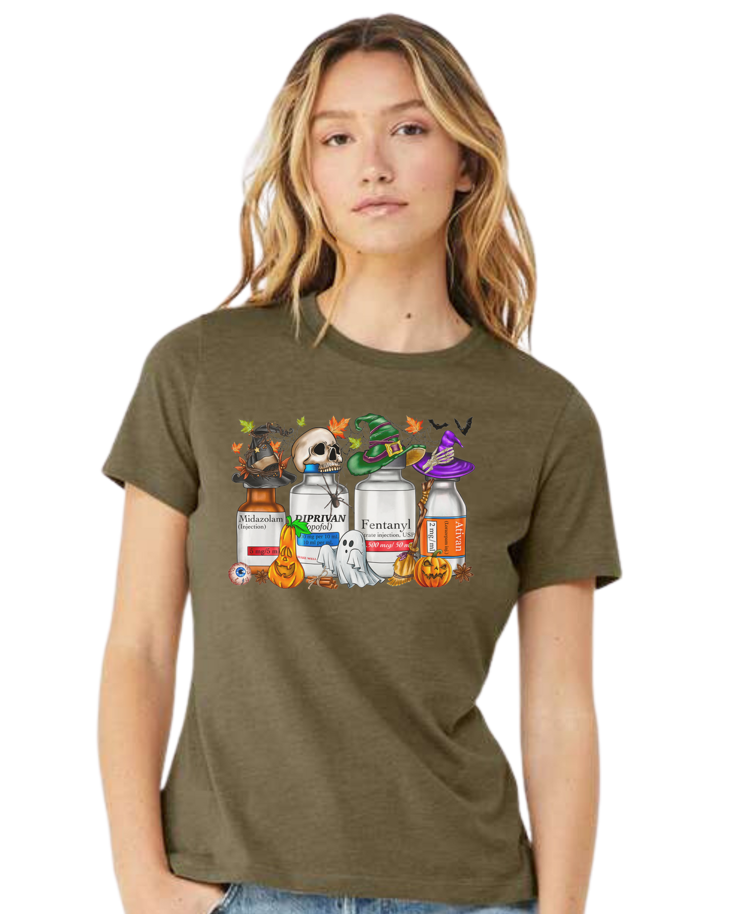 Spooky Medication Bottles graphic Women's fit premium crewneck tee Olive