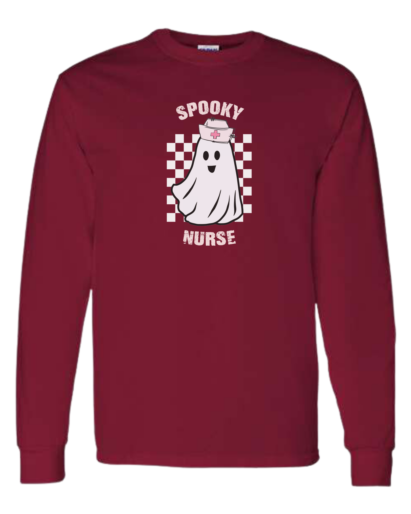 "Spooky Nurse" nurse ghost on checkerboard graphic Classic unisex crewneck sweatshirt Cardinal Red