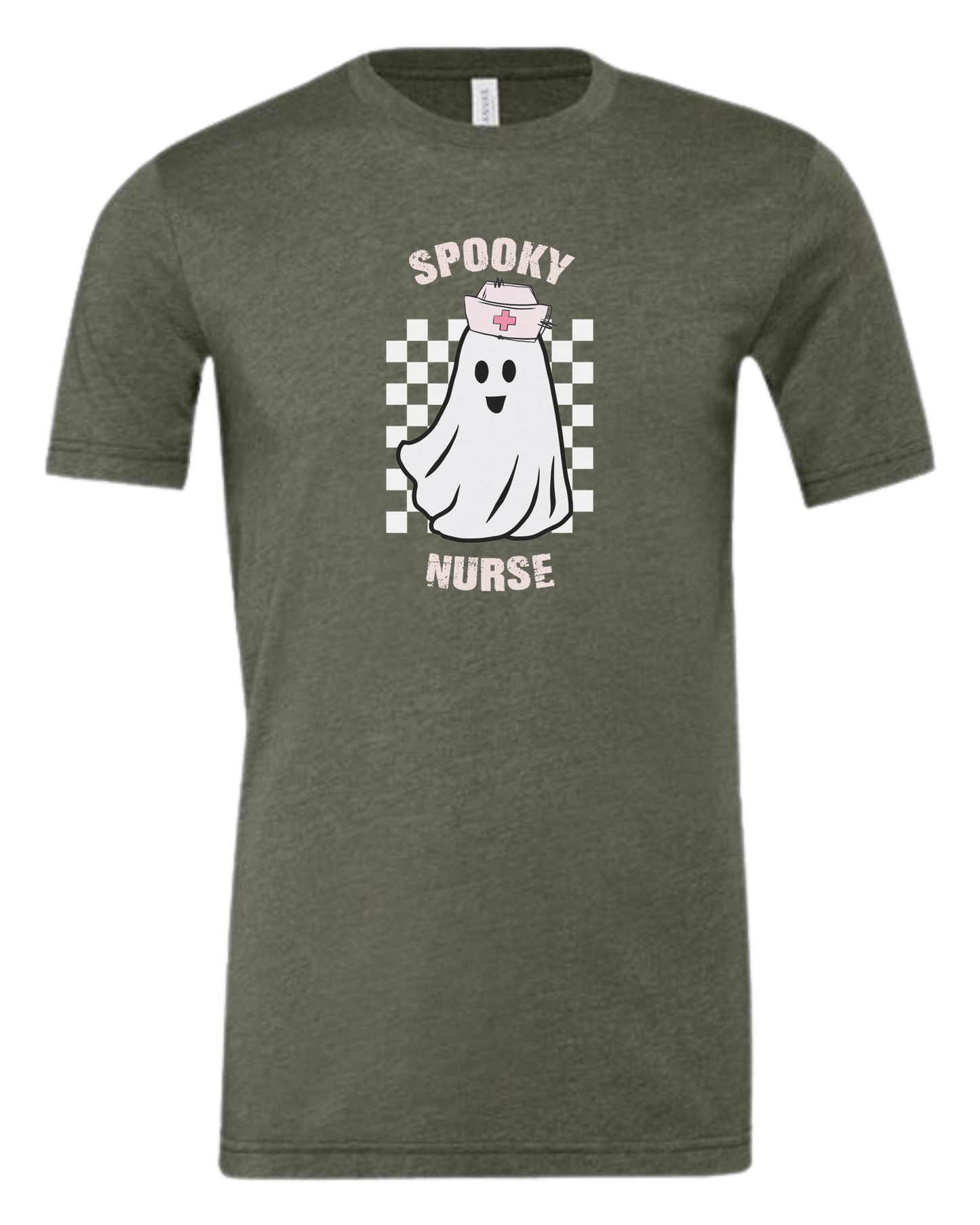 "Spooky Nurse" nurse ghost on checkerboard graphic Premium unisex crewneck tee Military Green