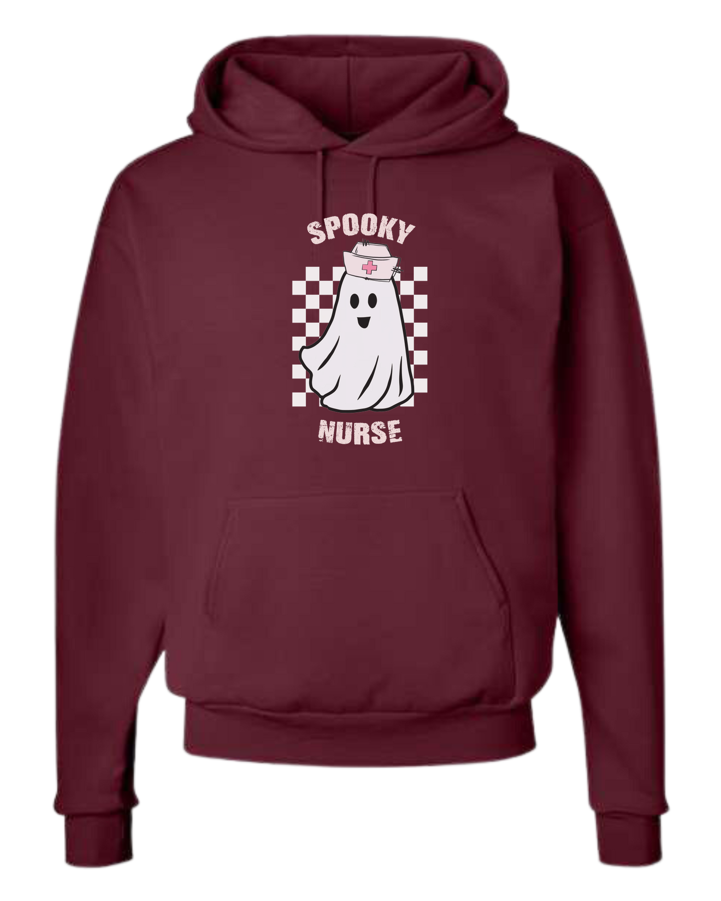 "Spooky Nurse" nurse ghost on checkerboard graphic Unisex Classic Hoodie Maroon