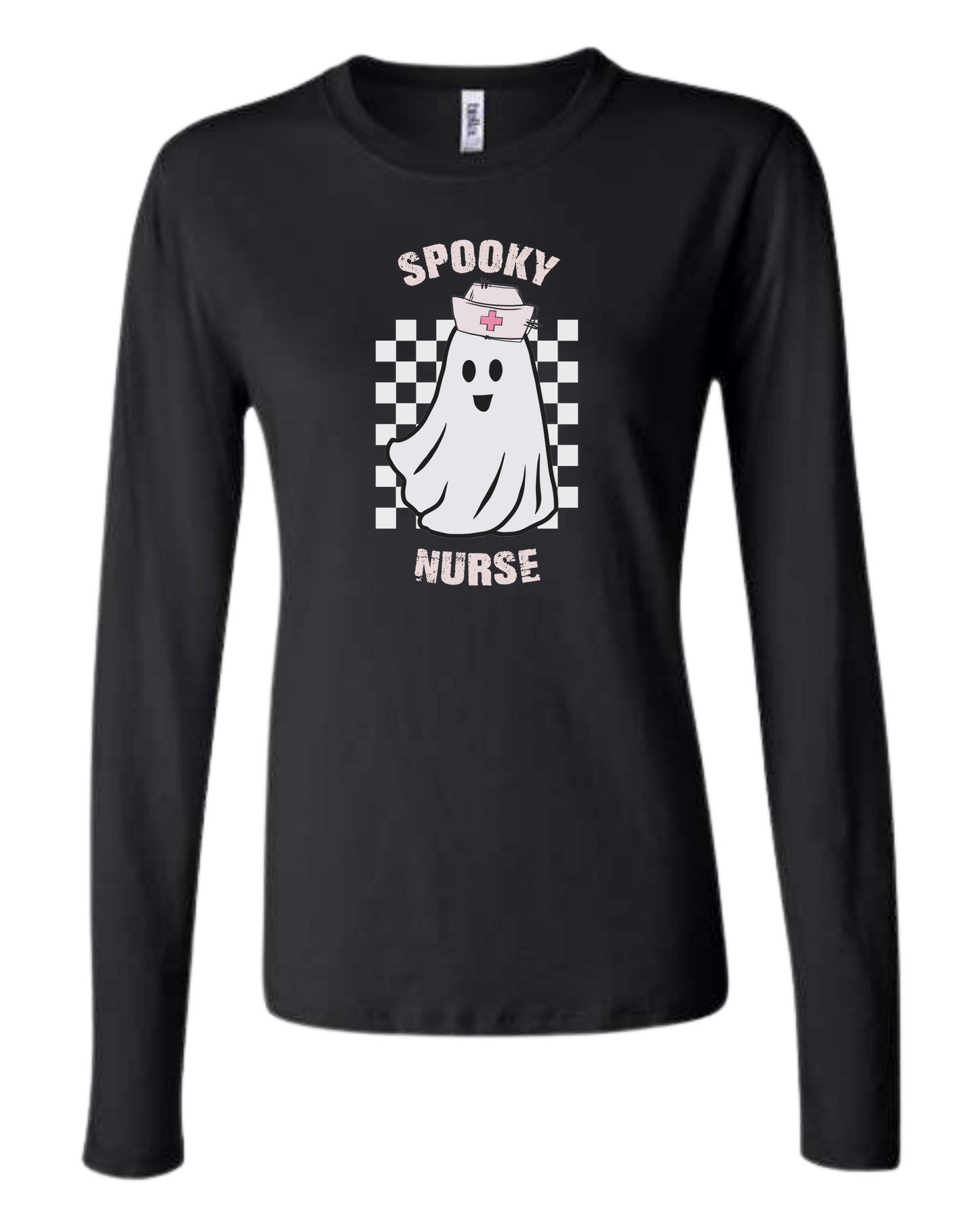 "Spooky Nurse" nurse ghost on checkerboard graphic Women's fit crewneck long sleeve fit Black
