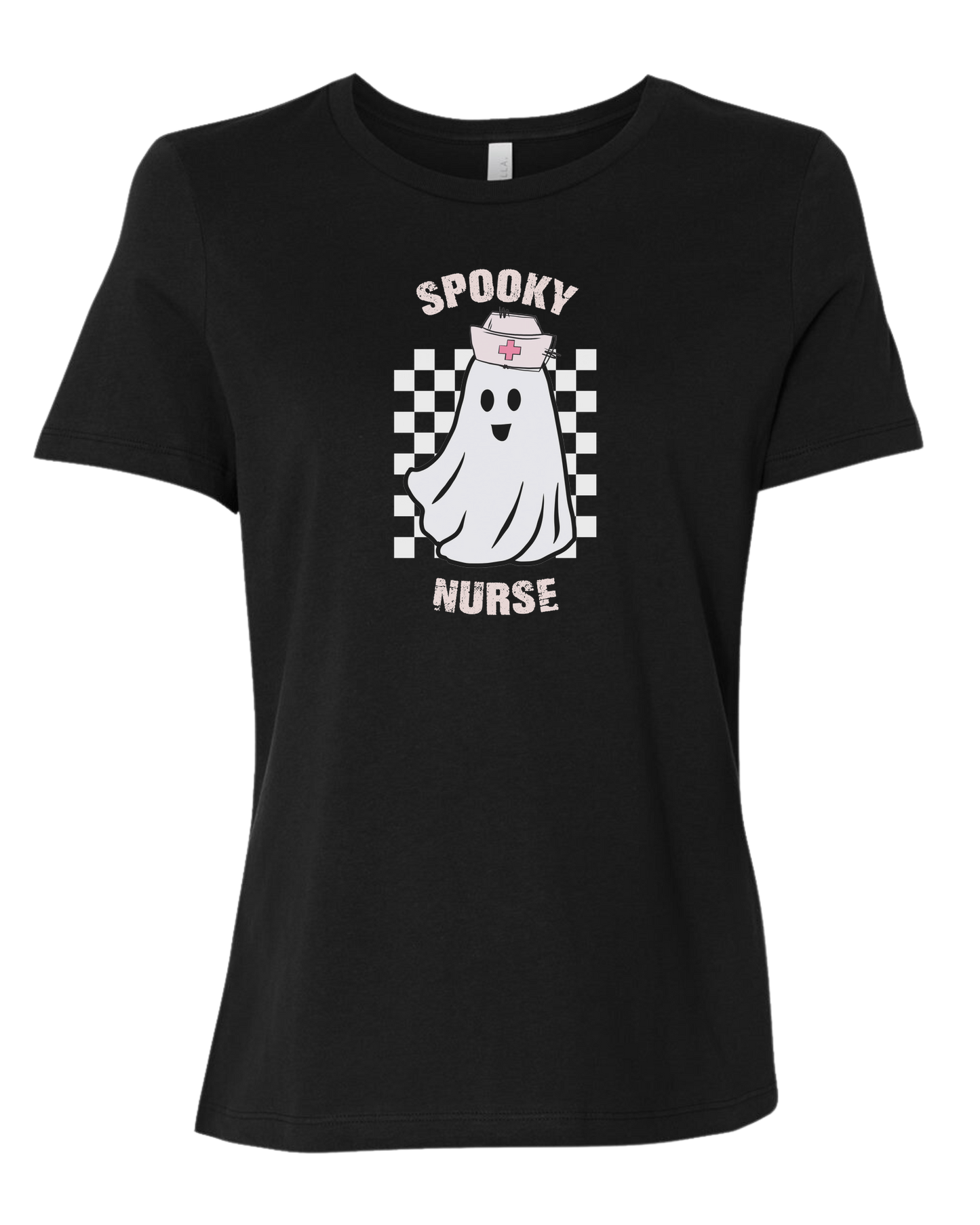 "Spooky Nurse" nurse ghost on checkerboard graphic Women's fit premium crewneck tee Black