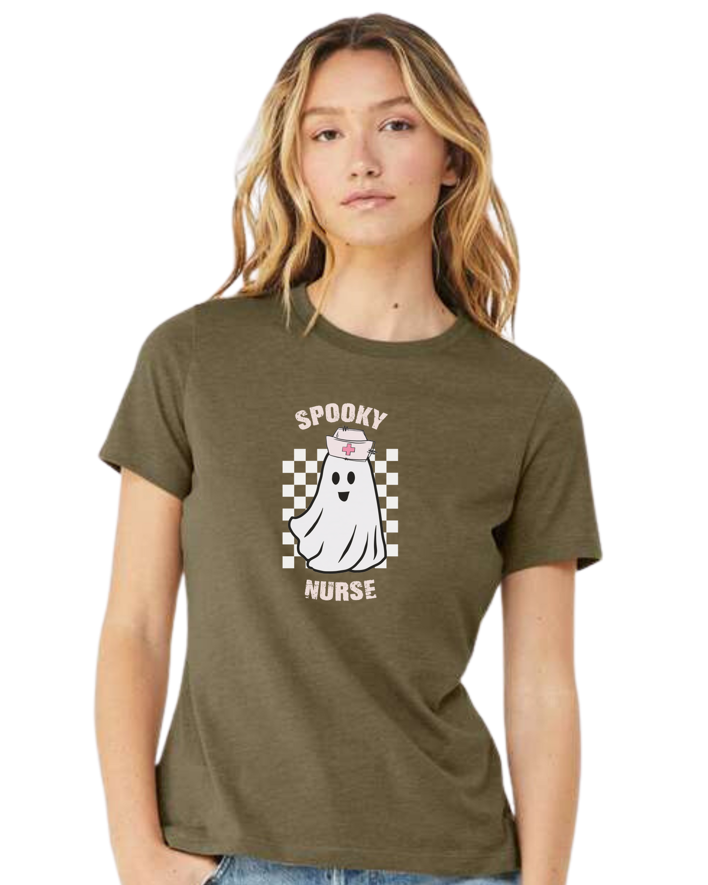 "Spooky Nurse" nurse ghost on checkerboard graphic Women's fit premium crewneck tee Olive