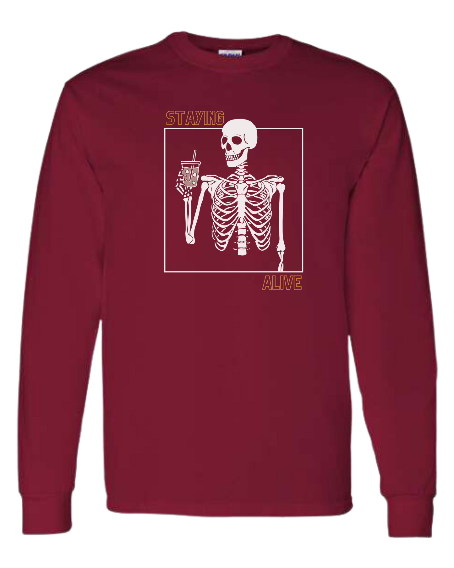 "Staying Alive" skeleton holding a coffee cup Classic unisex crewneck sweatshirt Cardinal Red