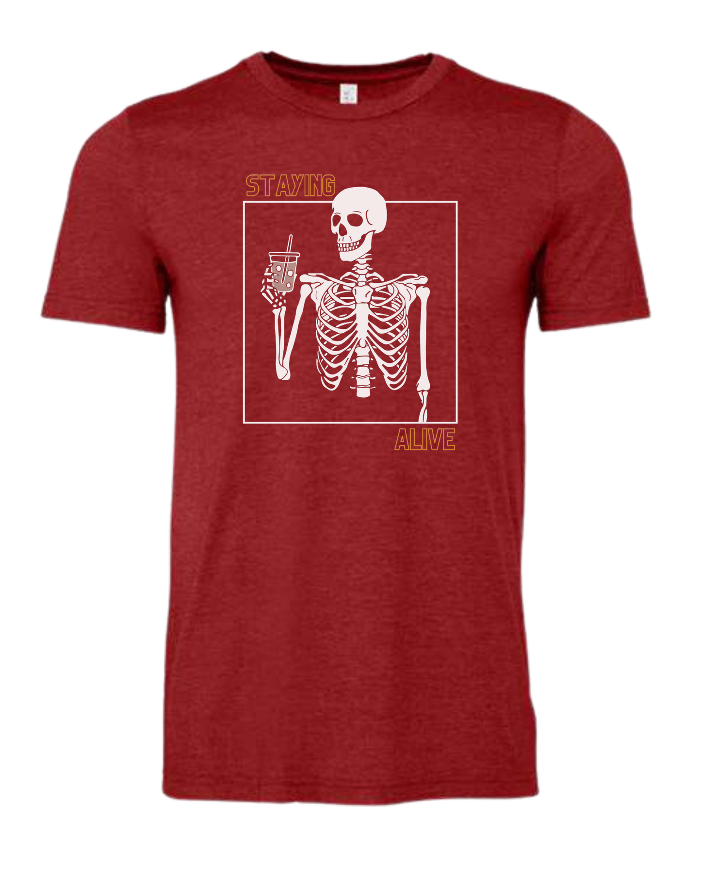 "Staying Alive" skeleton holding a coffee cup Premium unisex crewneck tee Canvas Red
