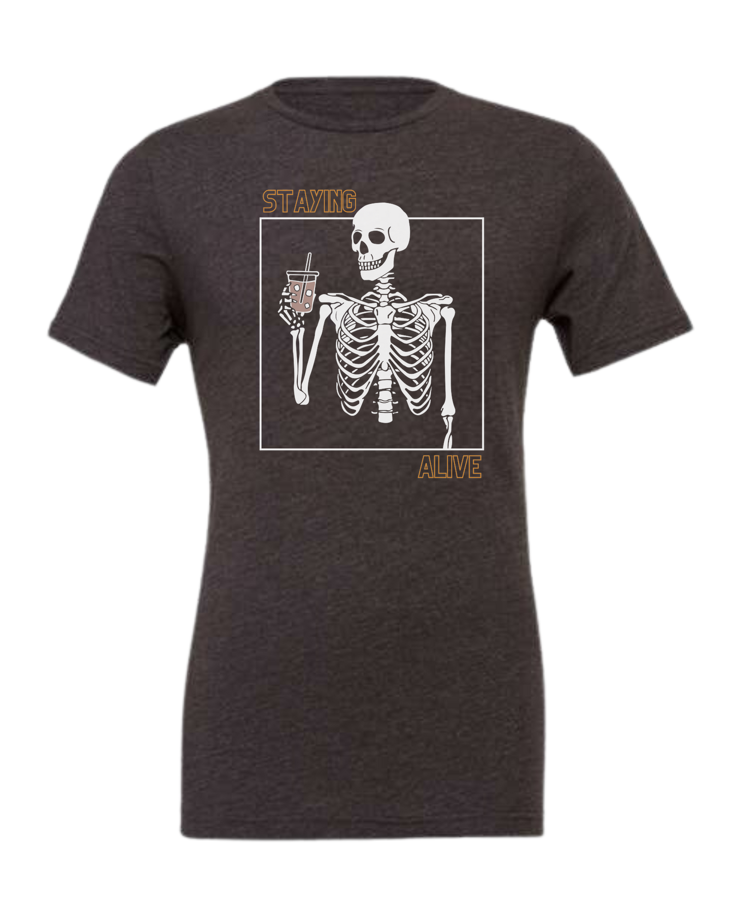 "Staying Alive" skeleton holding a coffee cup Premium unisex crewneck tee Dark Grey