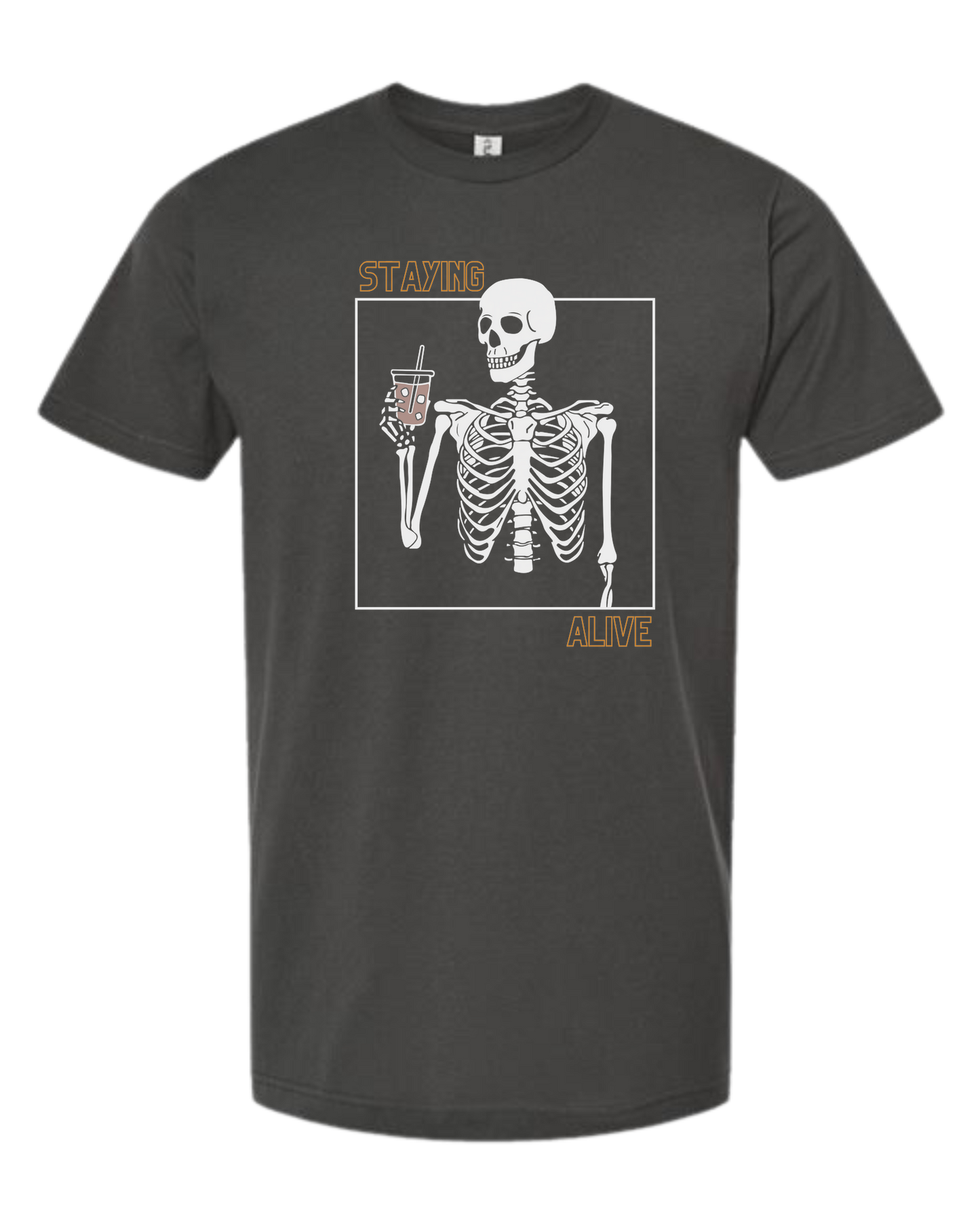 "Staying Alive" skeleton holding a coffee cup Unisex crew-neck graphic tee Charcoal Grey