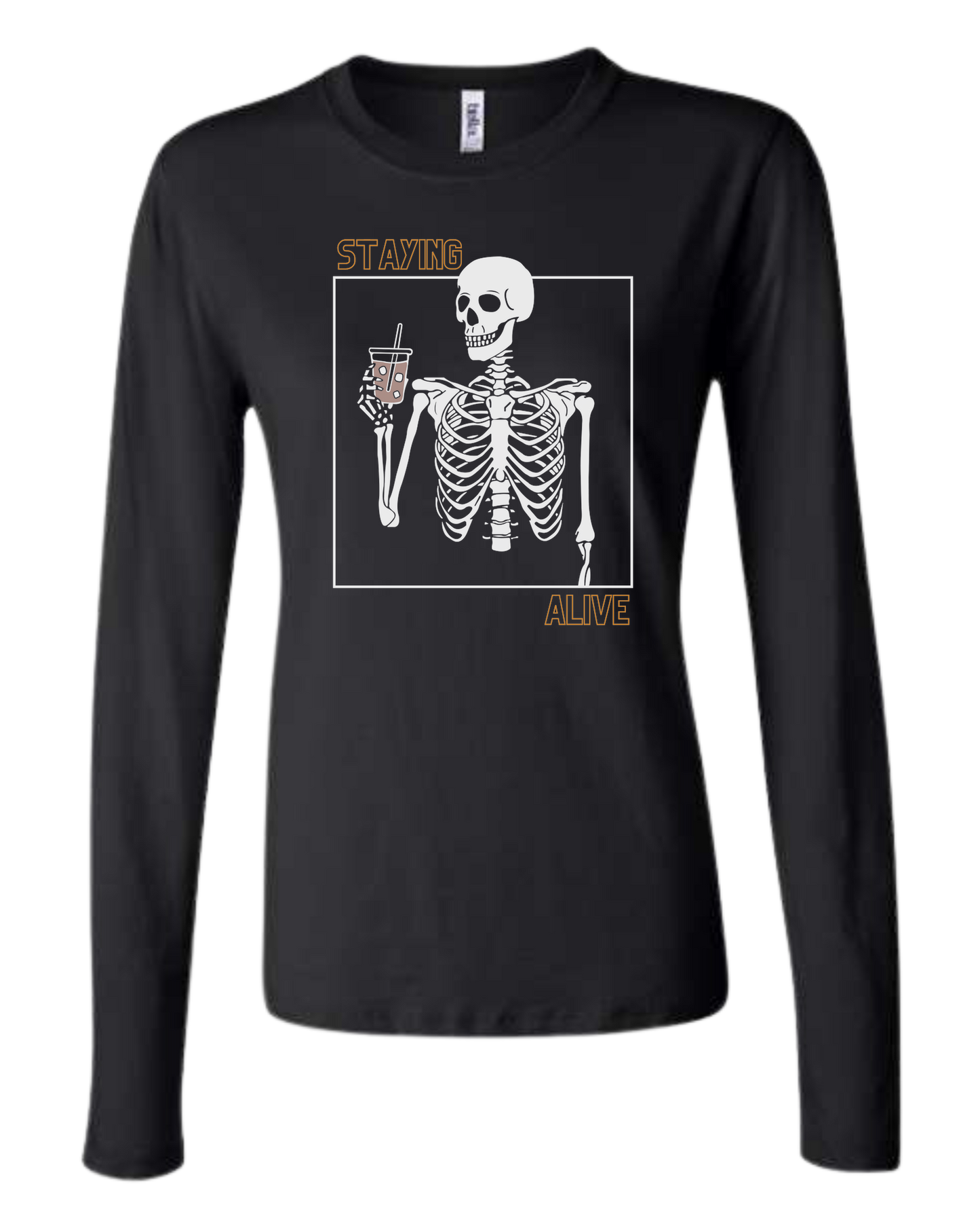 "Staying Alive" skeleton holding a coffee cup Women's fit crewneck long sleeve fit Black