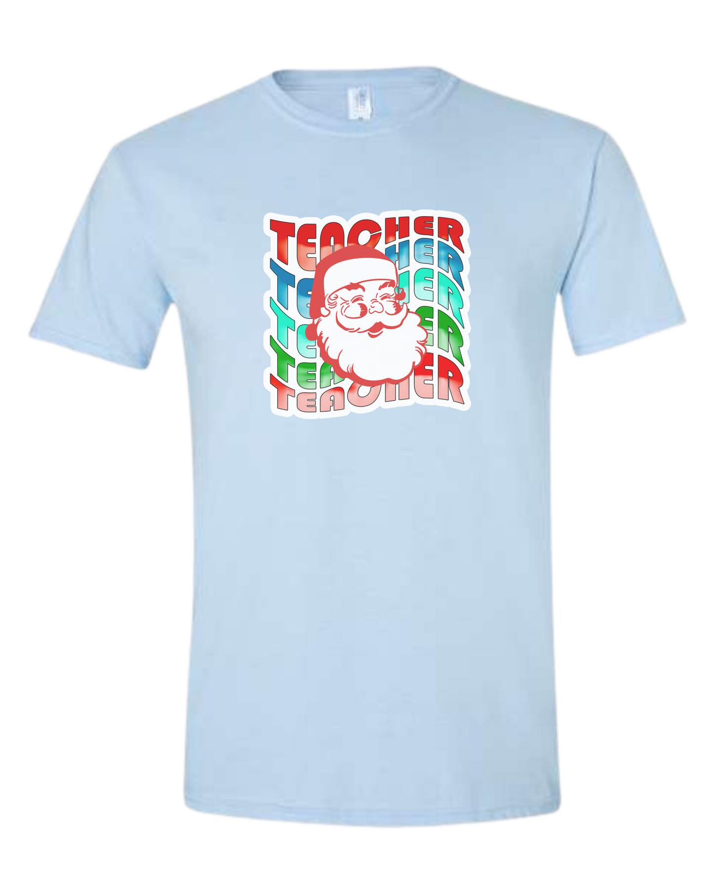 Teacher Wave with Santa design Unisex crewneck graphic tee (light colors) Ice blue
