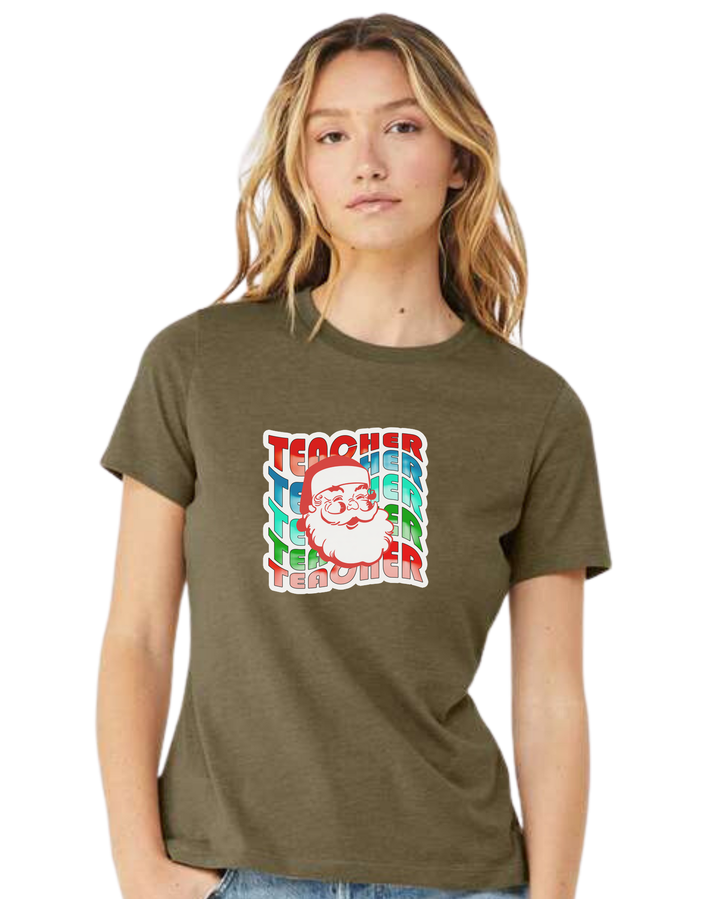 Teacher Wave with Santa design Women's fit premium crewneck tee Olive