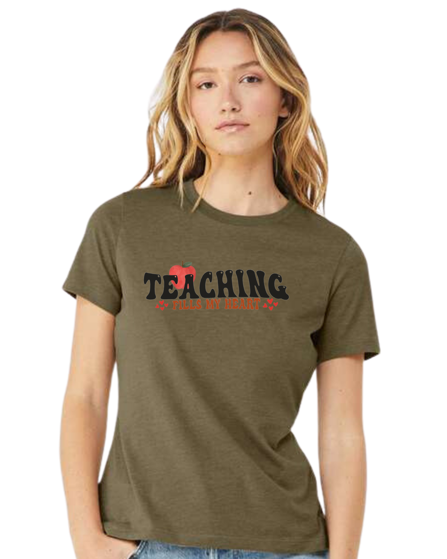 "Teaching Fills my Heart" graphic tee Women's fit premium crewneck tee Olive