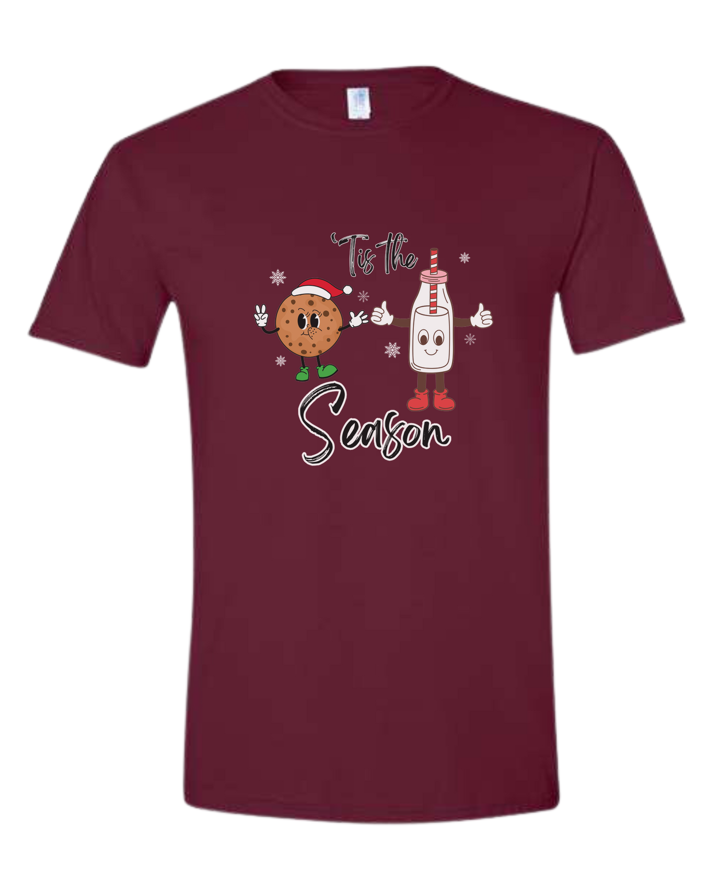 "Tis the Season" milk and cookies graphic Unisex crew-neck graphic tee Maroon