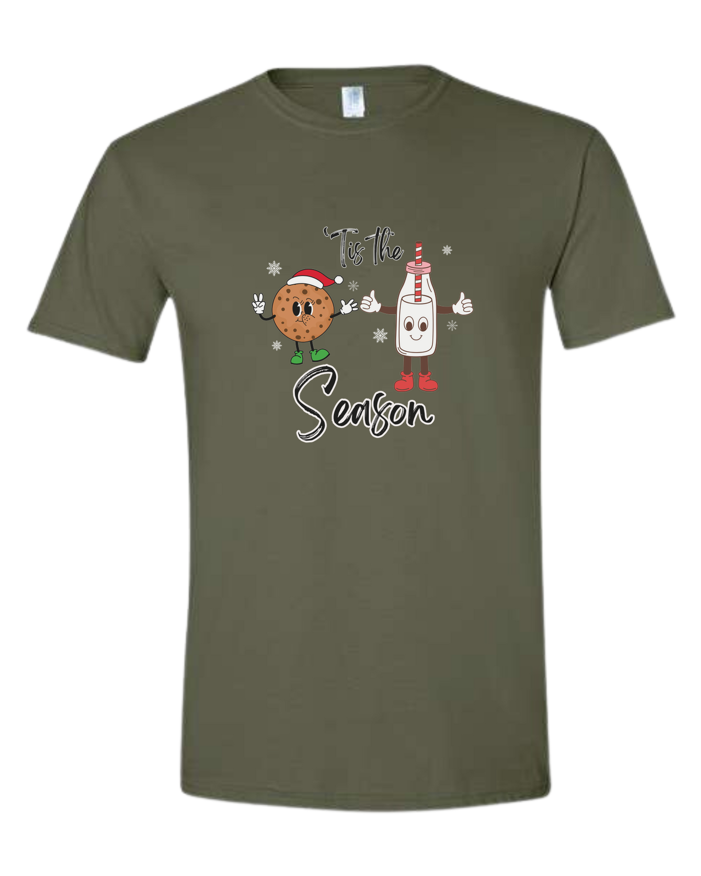 "Tis the Season" milk and cookies graphic Unisex crew-neck graphic tee Military Green