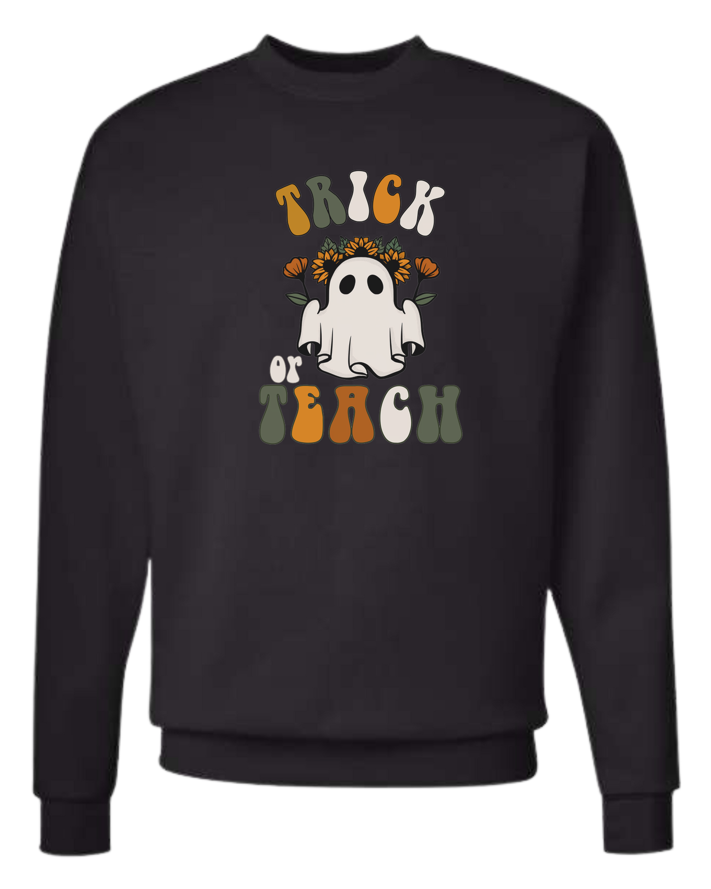 "Trick or Teach" hippie ghost retro teacher graphic Classic unisex crewneck sweatshirt Black