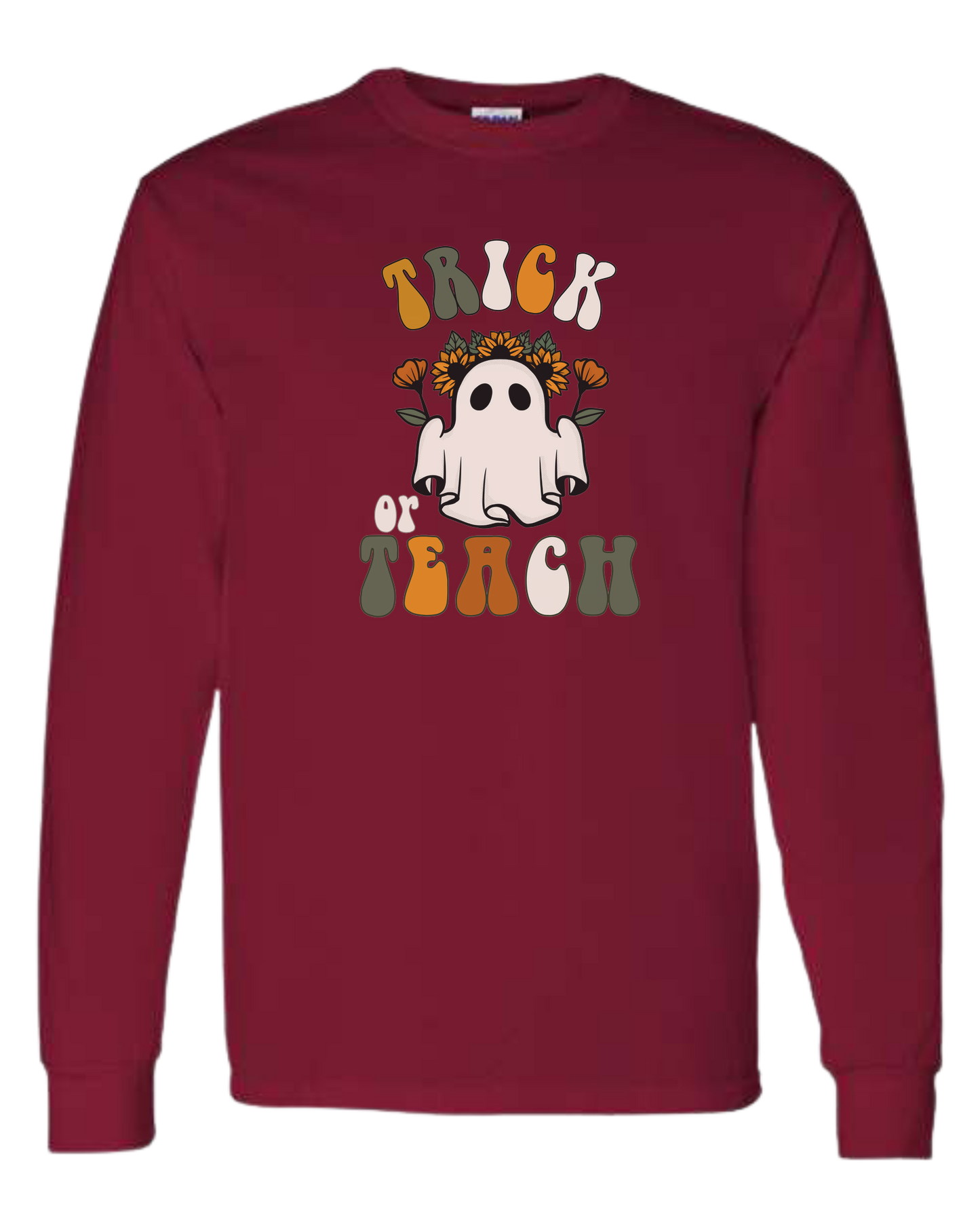 "Trick or Teach" hippie ghost retro teacher graphic Classic unisex crewneck sweatshirt Cardinal Red