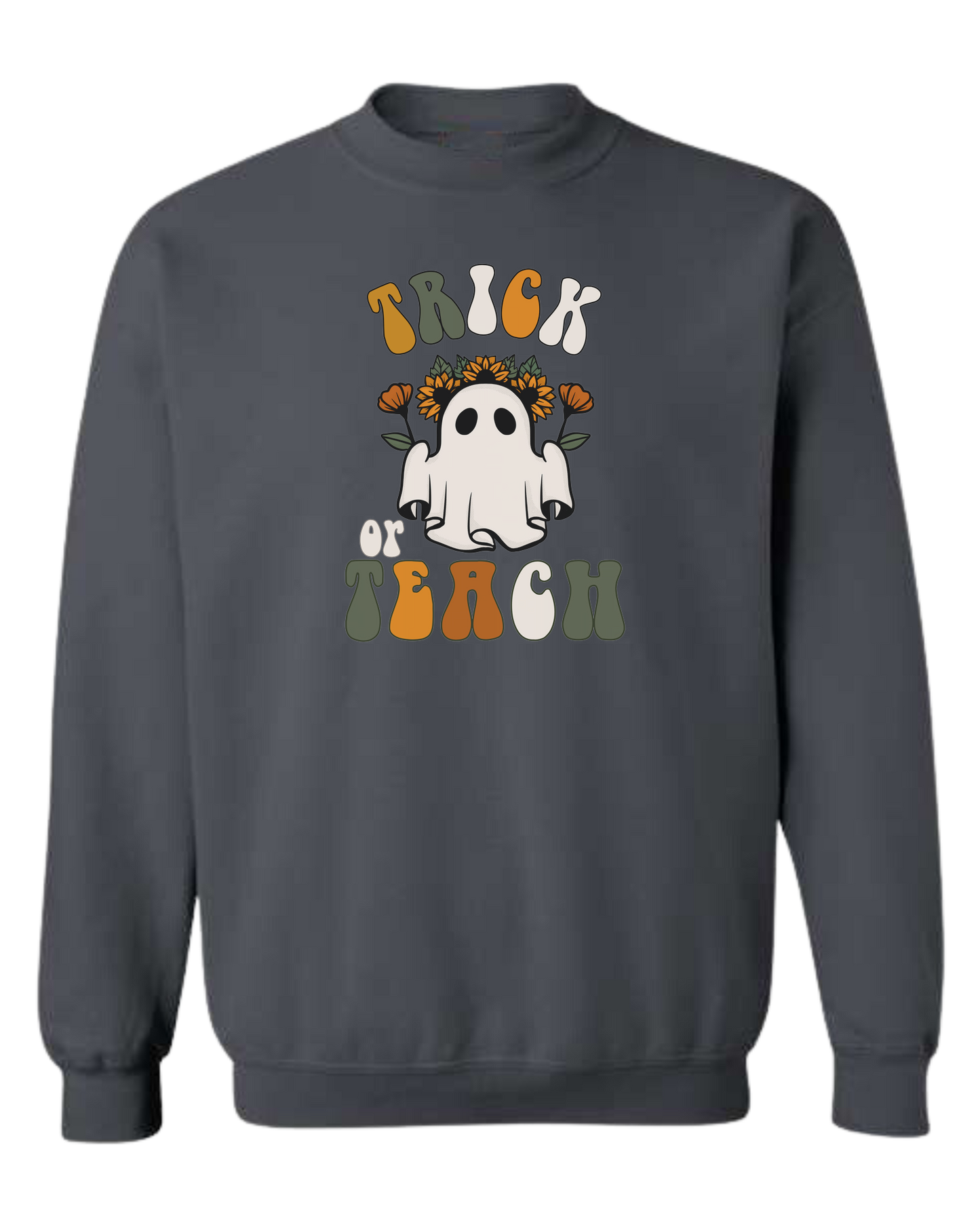 "Trick or Teach" hippie ghost retro teacher graphic Classic unisex crewneck sweatshirt Dark Grey