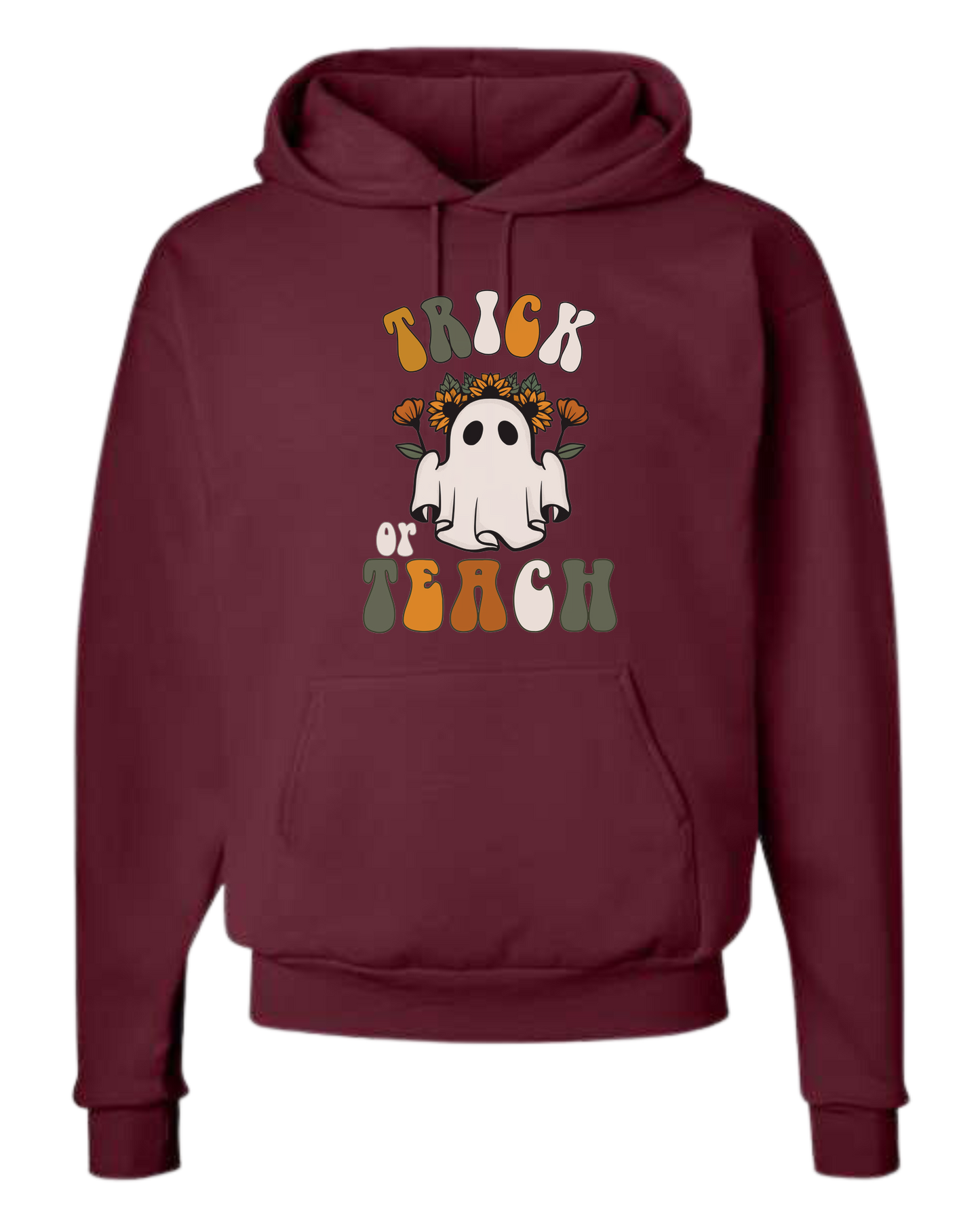 "Trick or Teach" hippie ghost retro teacher graphic Unisex Classic Hoodie Maroon