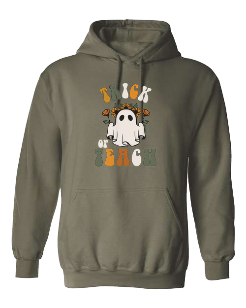 "Trick or Teach" hippie ghost retro teacher graphic Unisex Classic Hoodie Military Green