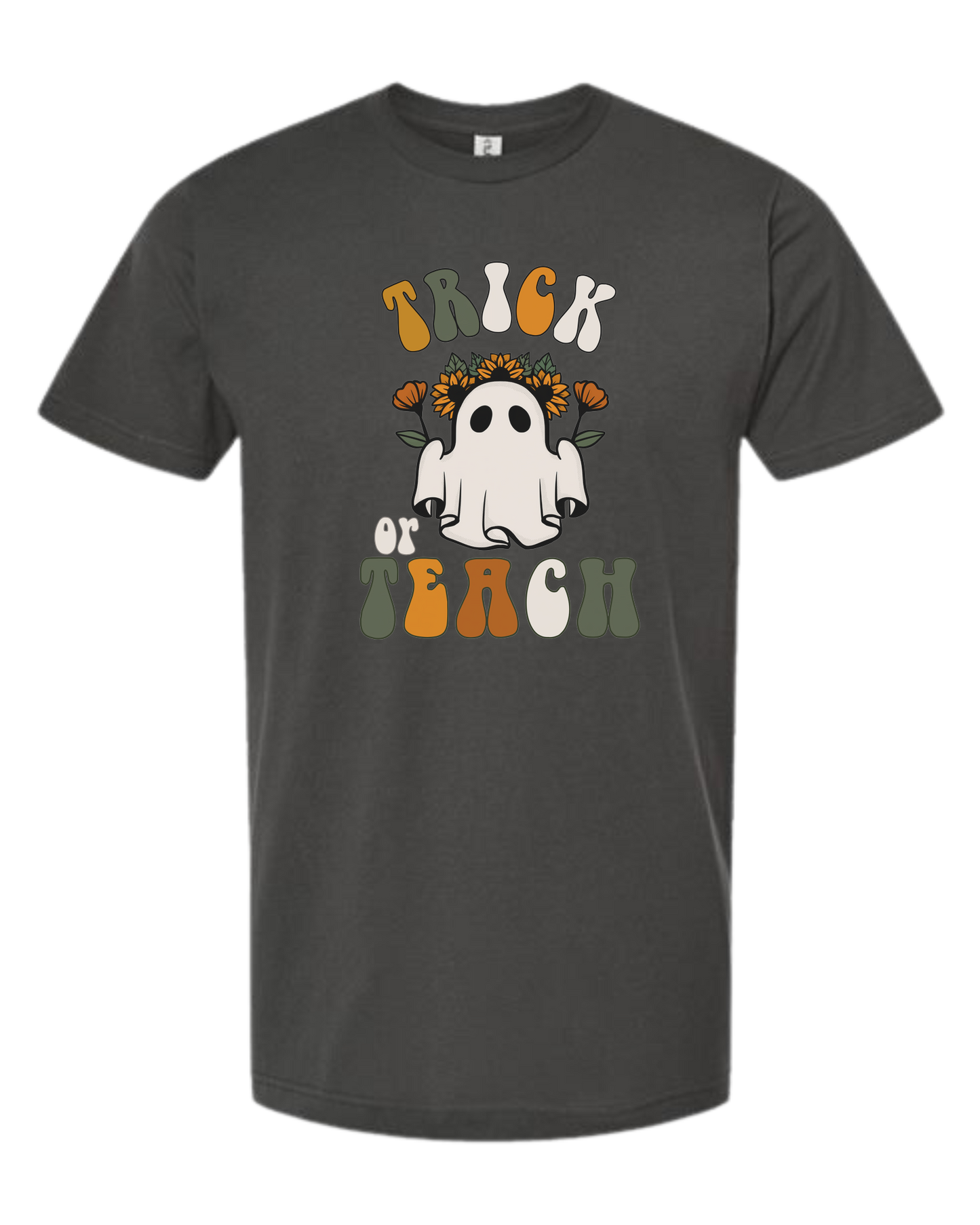 "Trick or Teach" hippie ghost retro teacher graphic Unisex crew-neck graphic tee Charcoal Grey
