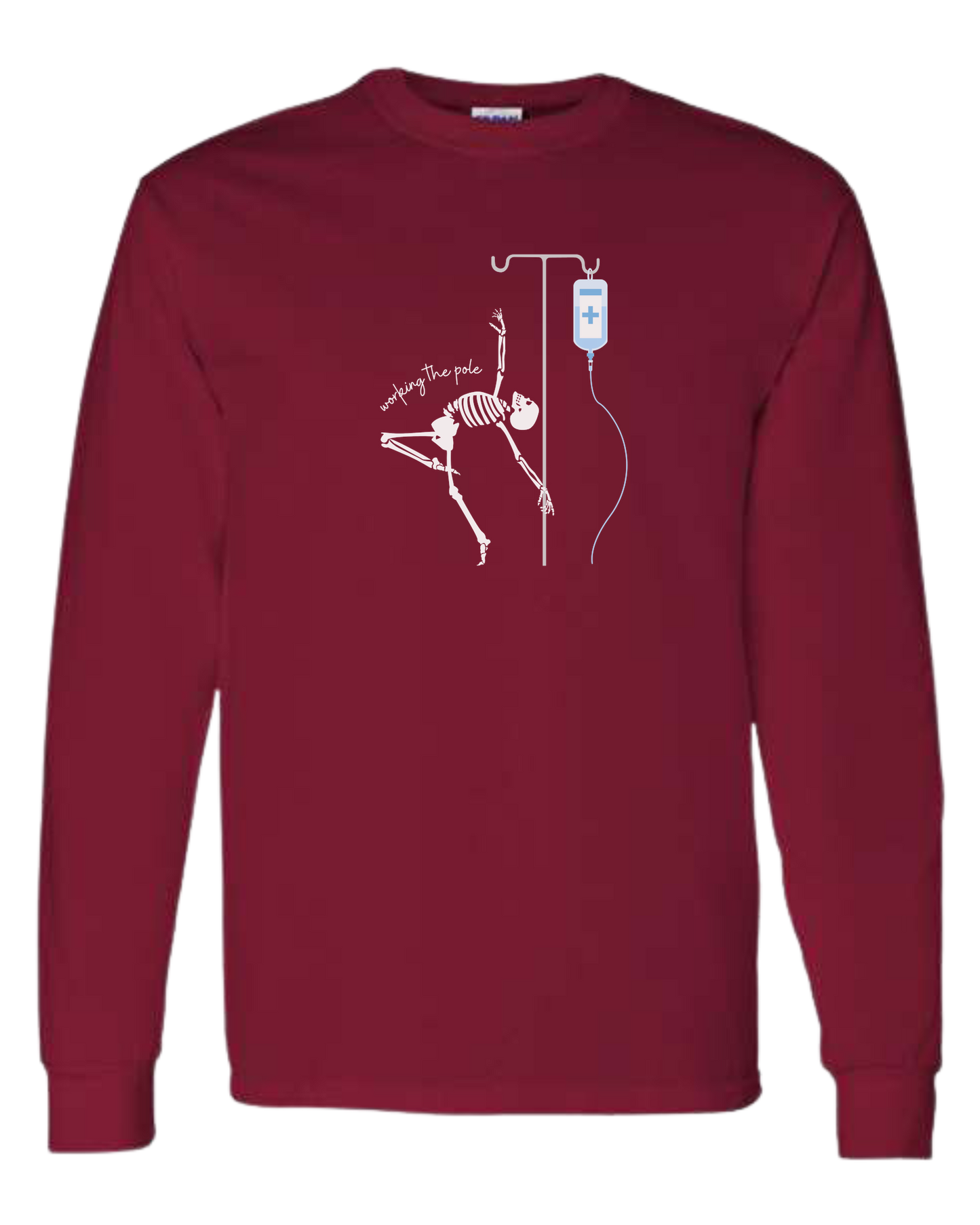 "Working the Pole" nursing skeleton graphic tee Classic unisex crewneck sweatshirt Cardinal Red