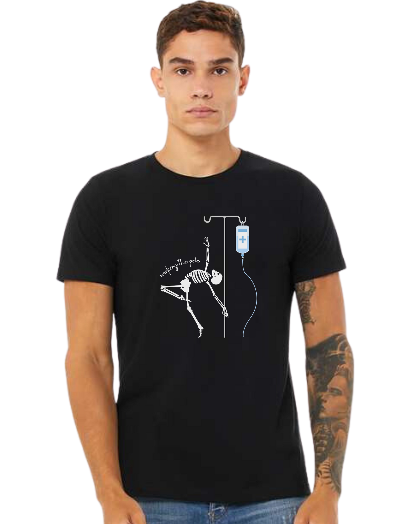 "Working the Pole" nursing skeleton graphic tee Premium unisex crewneck tee Black