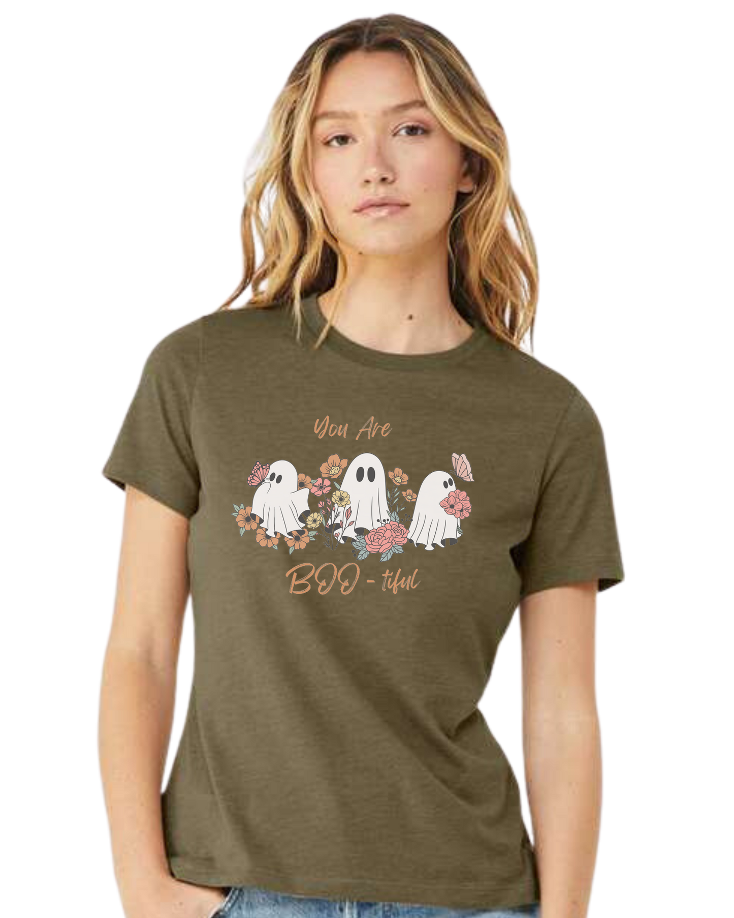 "You are BOO-tiful" ghost tee Women's fit premium crewneck tee Olive