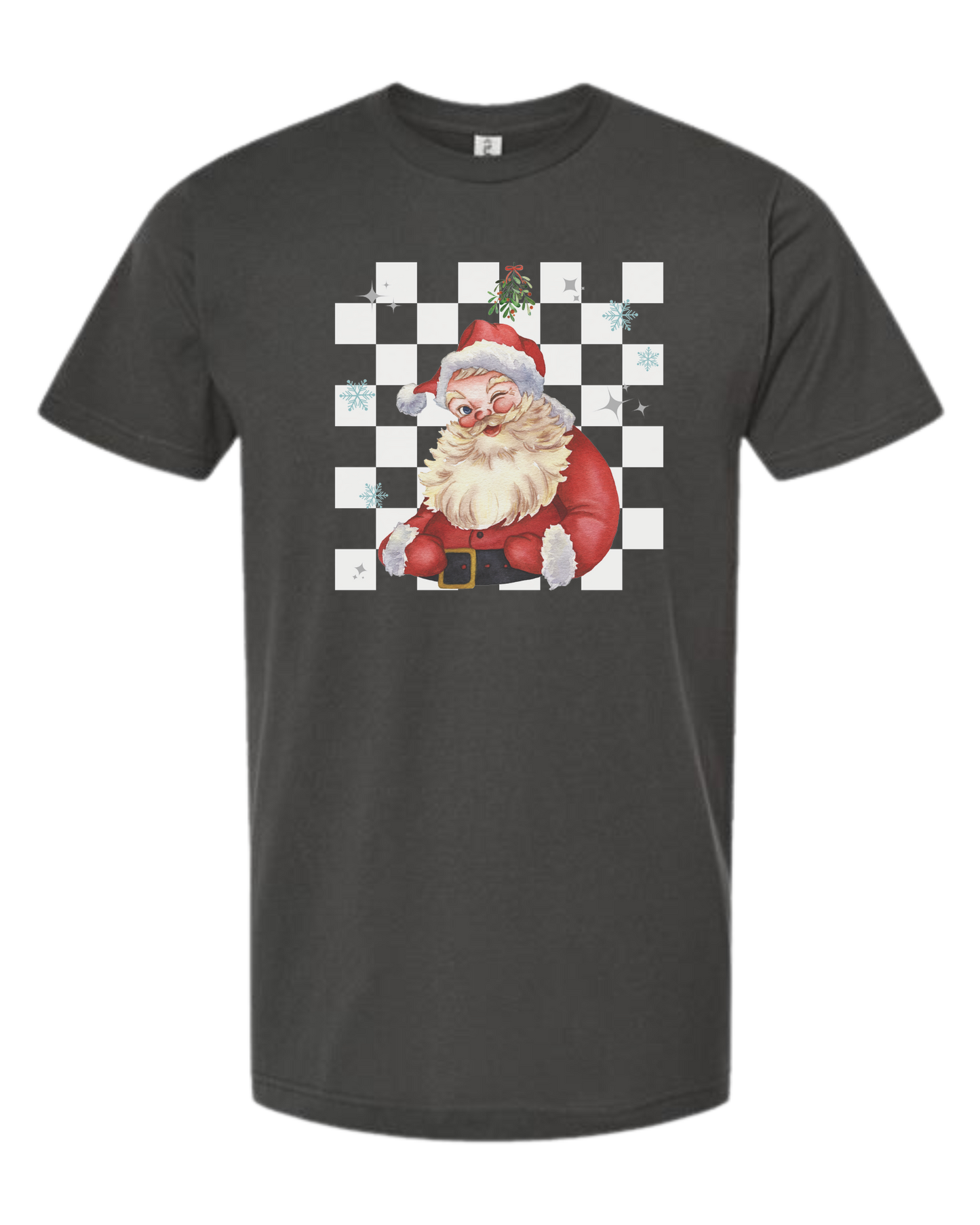 Checkerboard Santa w/mistletoe graphic Unisex crew-neck graphic tee Charcoal Grey