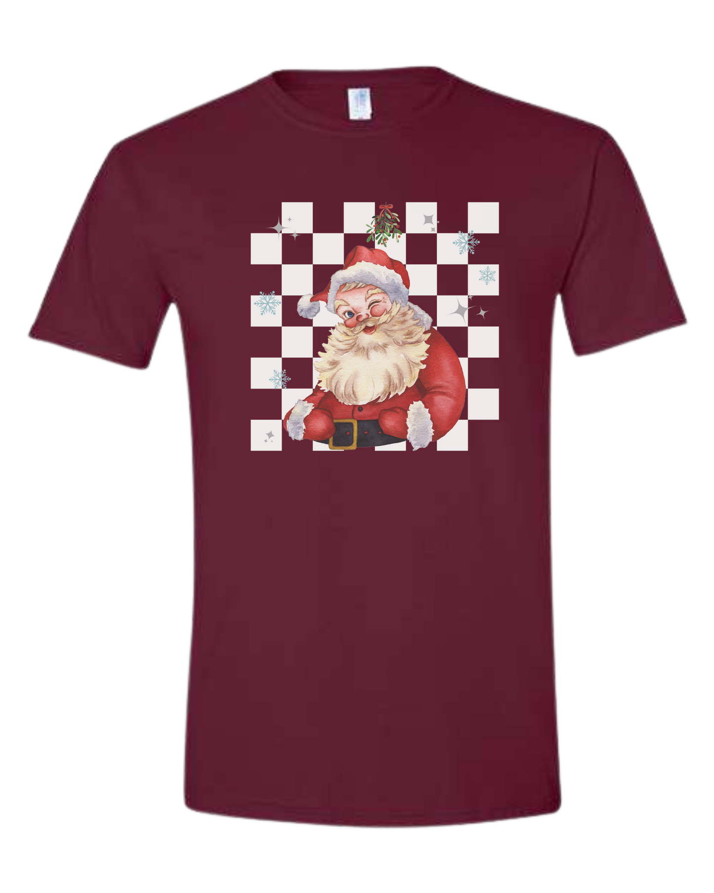 Checkerboard Santa w/mistletoe graphic Unisex crew-neck graphic tee Maroon