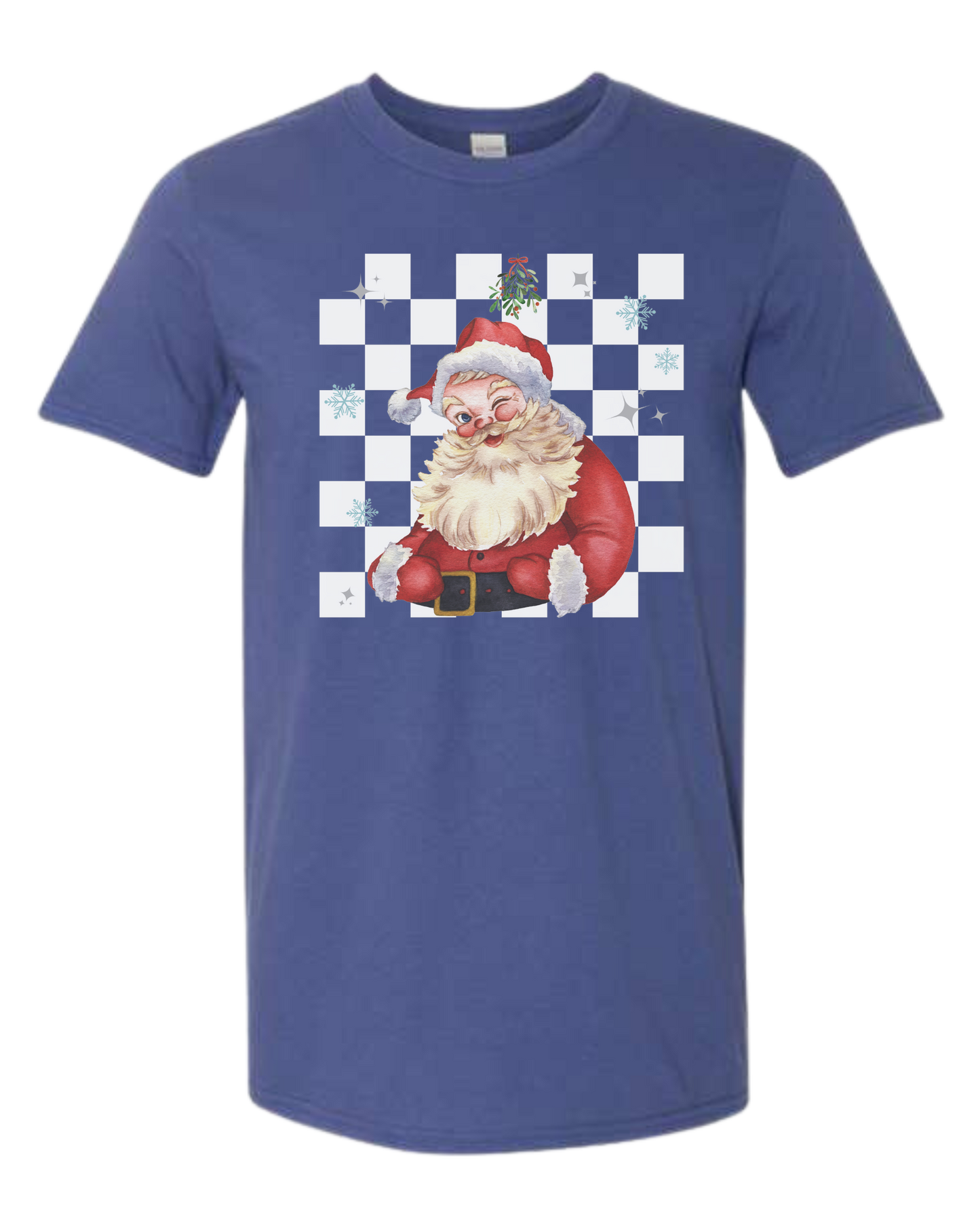 Checkerboard Santa w/mistletoe graphic Unisex crew-neck graphic tee Metro Blue