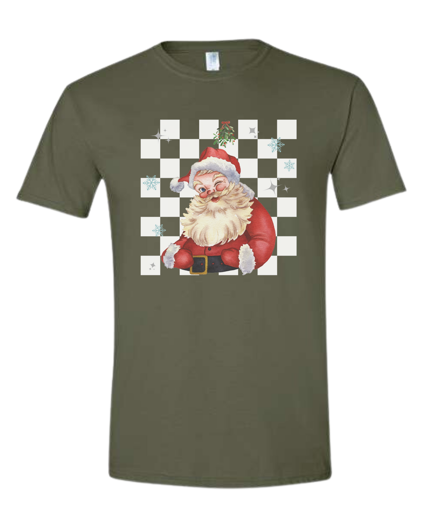 Checkerboard Santa w/mistletoe graphic Unisex crew-neck graphic tee Military Green