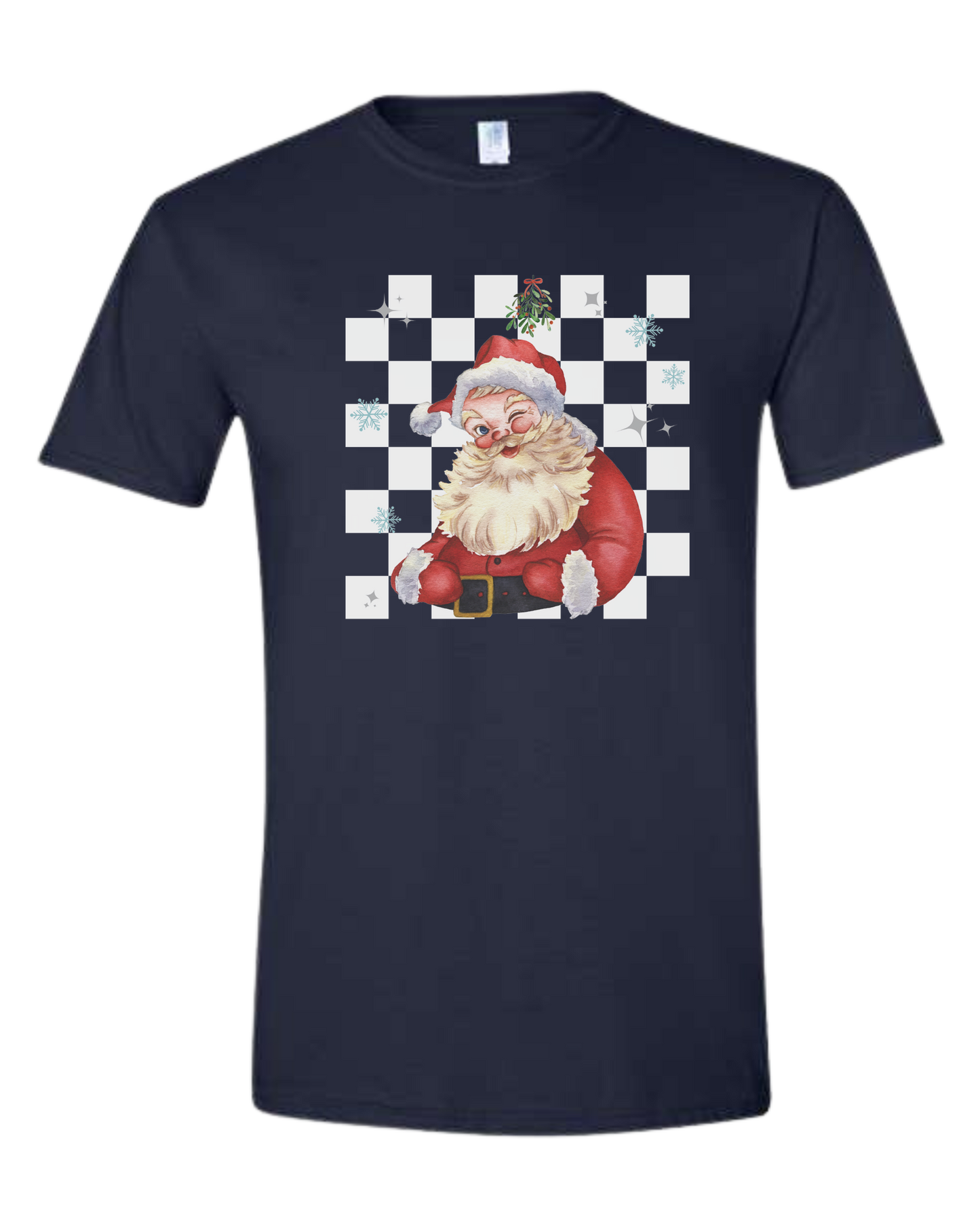 Checkerboard Santa w/mistletoe graphic Unisex crew-neck graphic tee Navy Blue