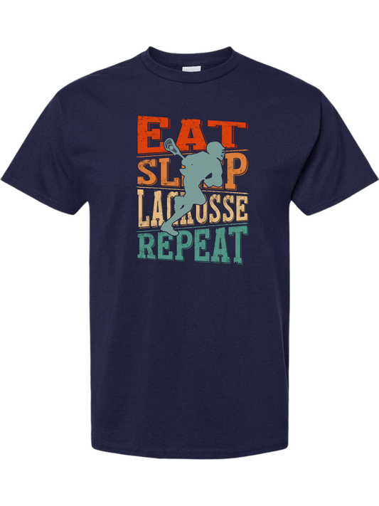 EAT. SLEEP. LACROSSE. REPEAT. distressed classic navy unisex crewneck tee