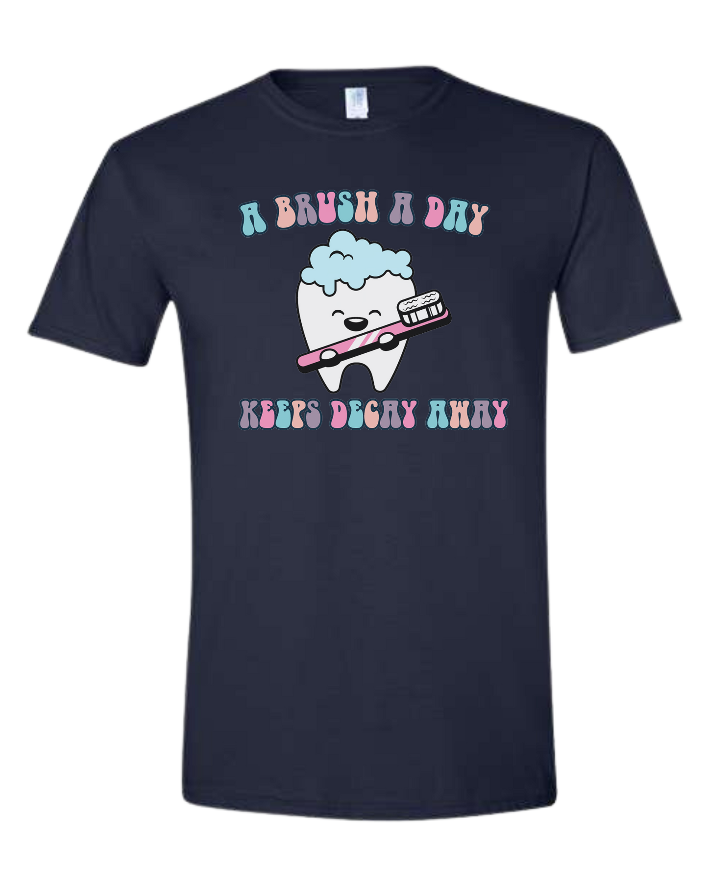 "A Brush a Day, keeps Decay Away" cute tooth holding toothbrush Unisex crew-neck  graphic tee Navy Blue