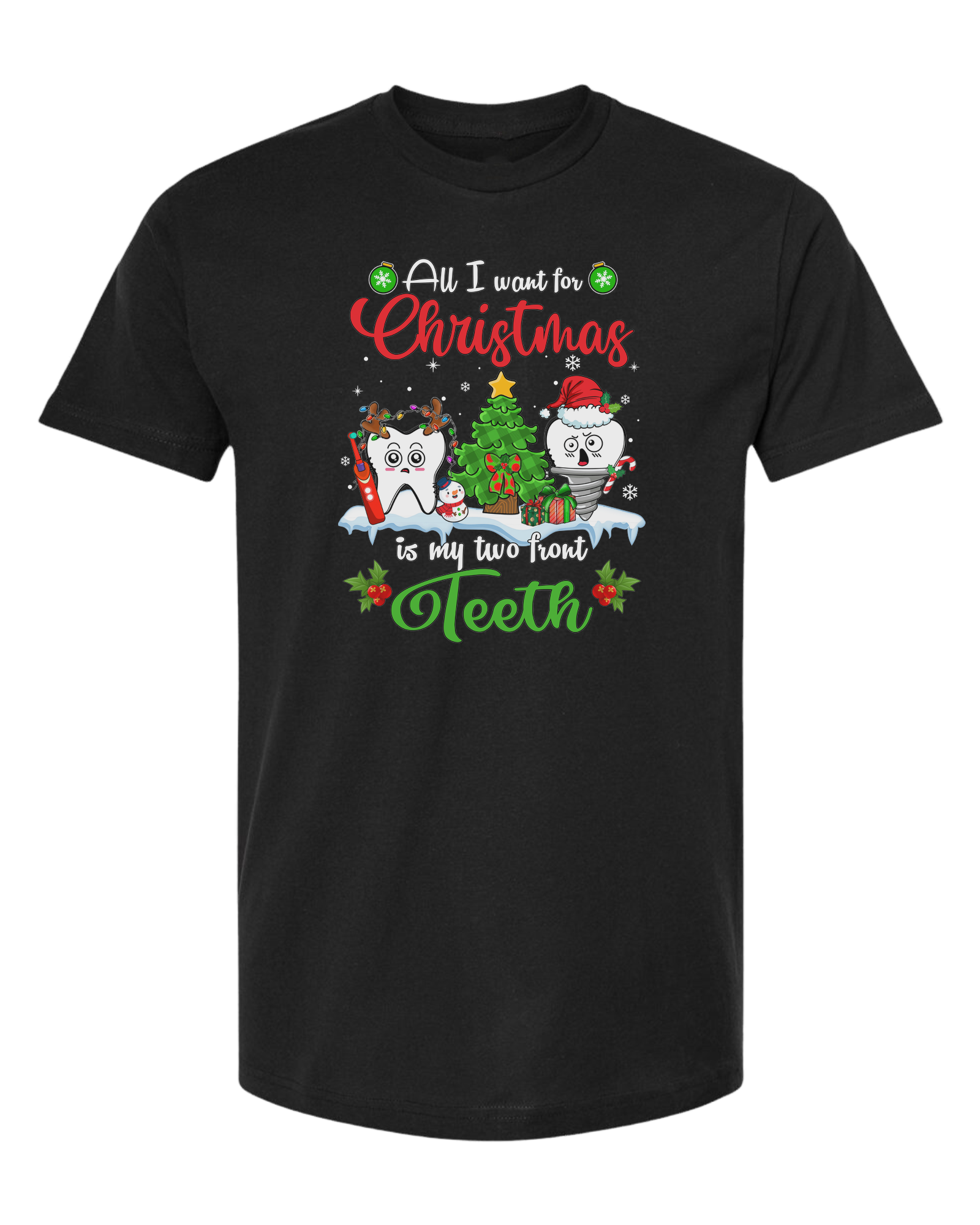"All I want for Christmas is my two front teeth" Christmas teeth characters graphic Unisex crew-neck  graphic tee Black
