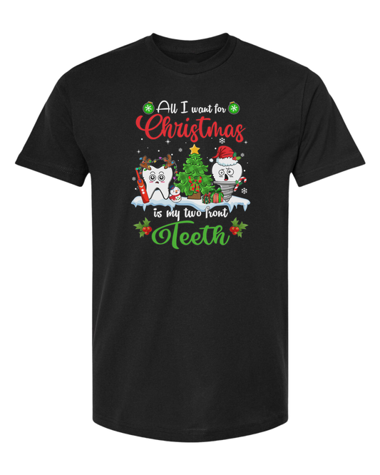 "All I want for Christmas is my two front teeth" Christmas teeth characters graphic Unisex crew-neck  graphic tee Black