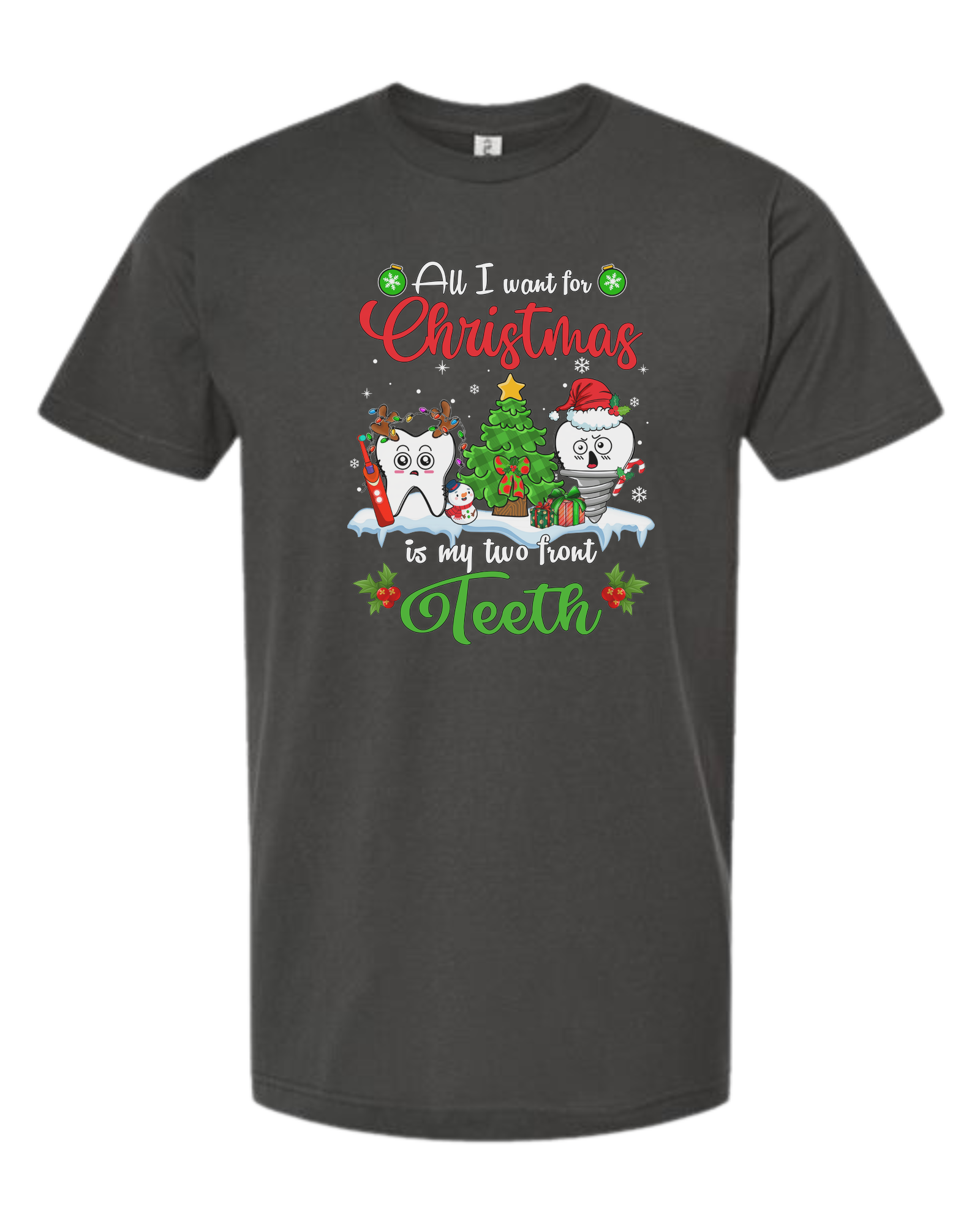 "All I want for Christmas is my two front teeth" Christmas teeth characters graphic Unisex crew-neck  graphic tee Charcoal Grey