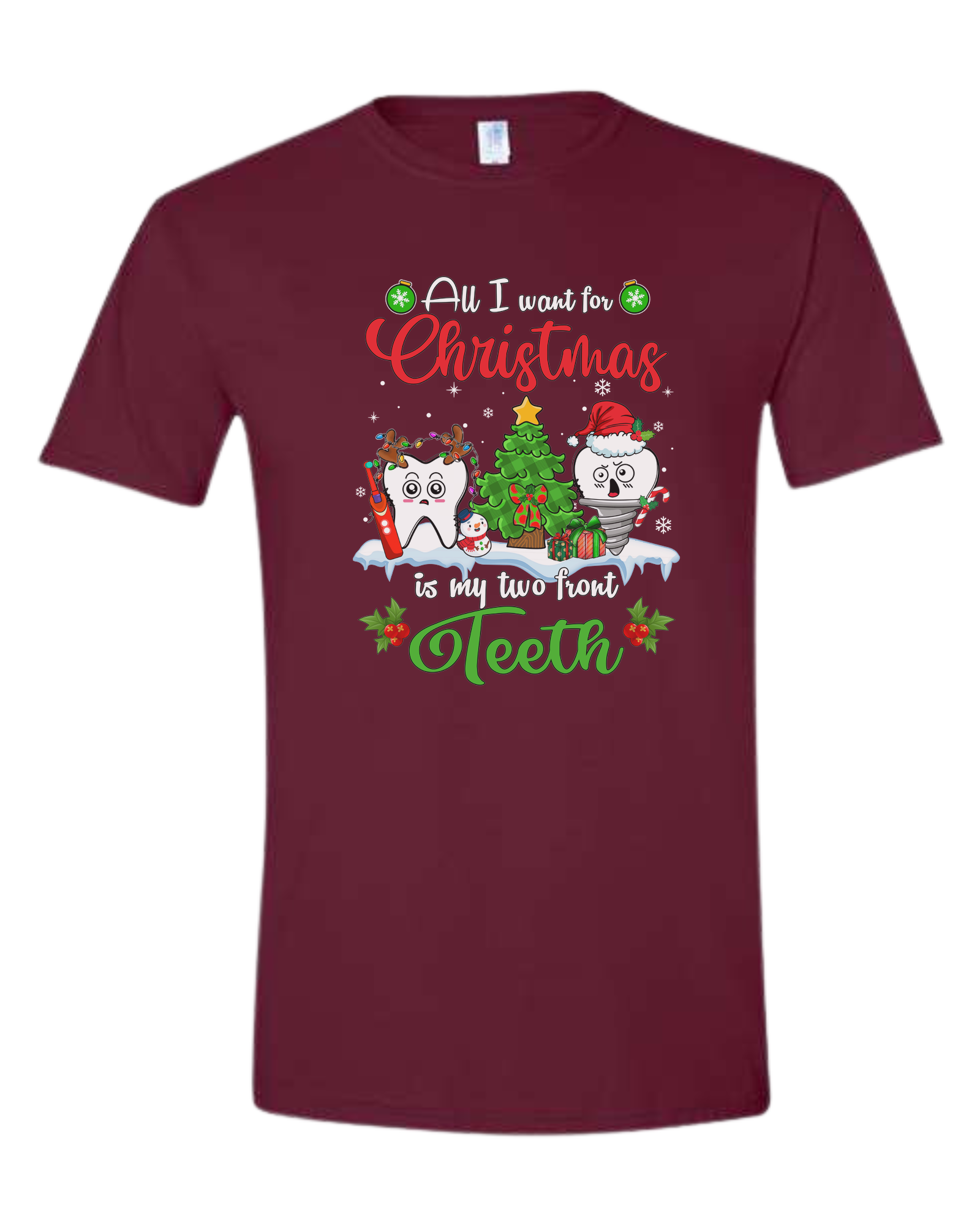 "All I want for Christmas is my two front teeth" Christmas teeth characters graphic Unisex crew-neck  graphic tee Maroon
