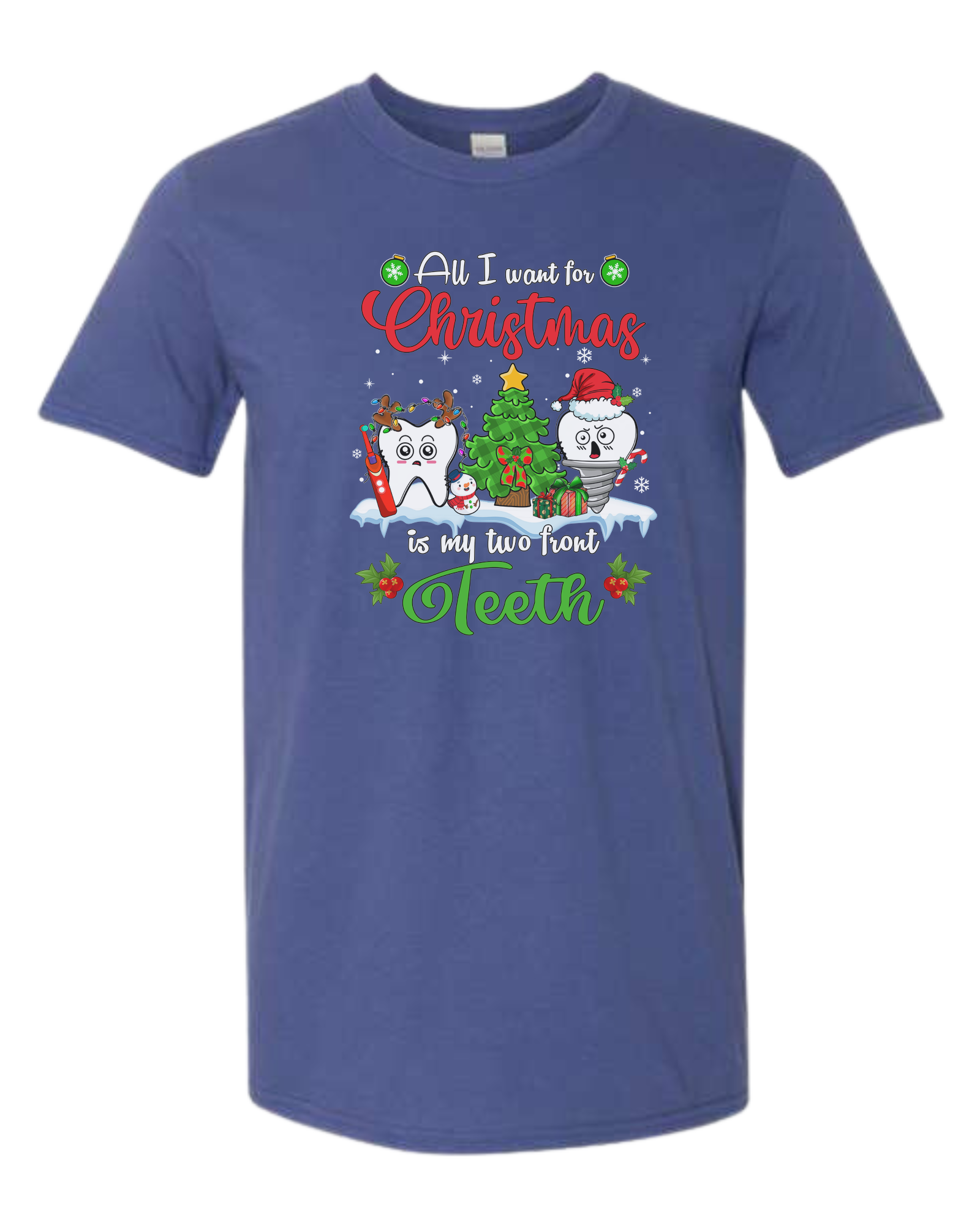 "All I want for Christmas is my two front teeth" Christmas teeth characters graphic Unisex crew-neck  graphic tee Metro Blue