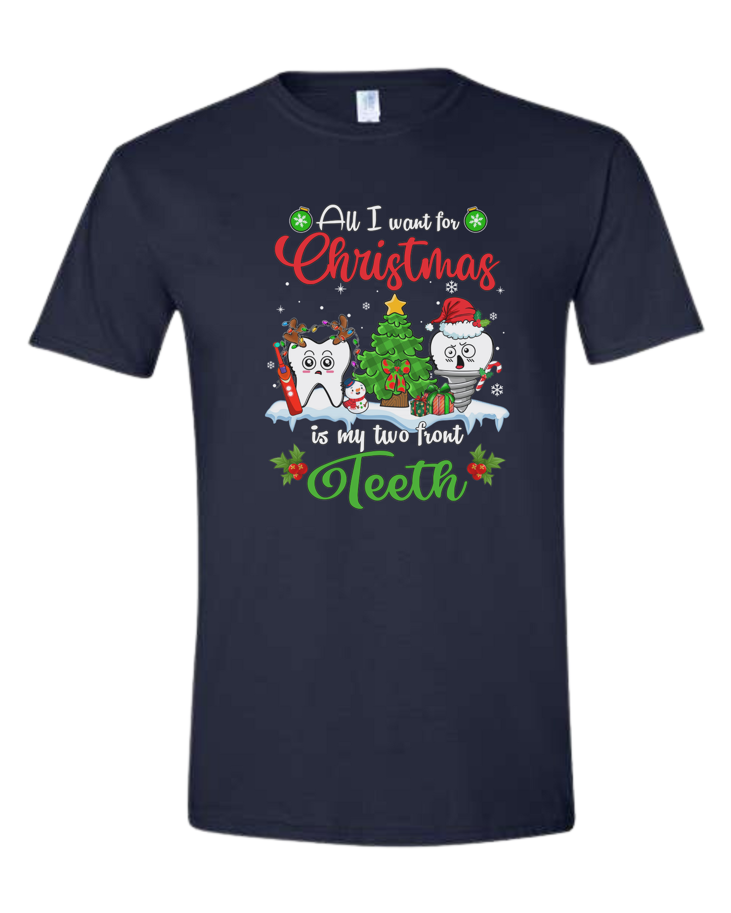 "All I want for Christmas is my two front teeth" Christmas teeth characters graphic Unisex crew-neck  graphic tee Navy Blue