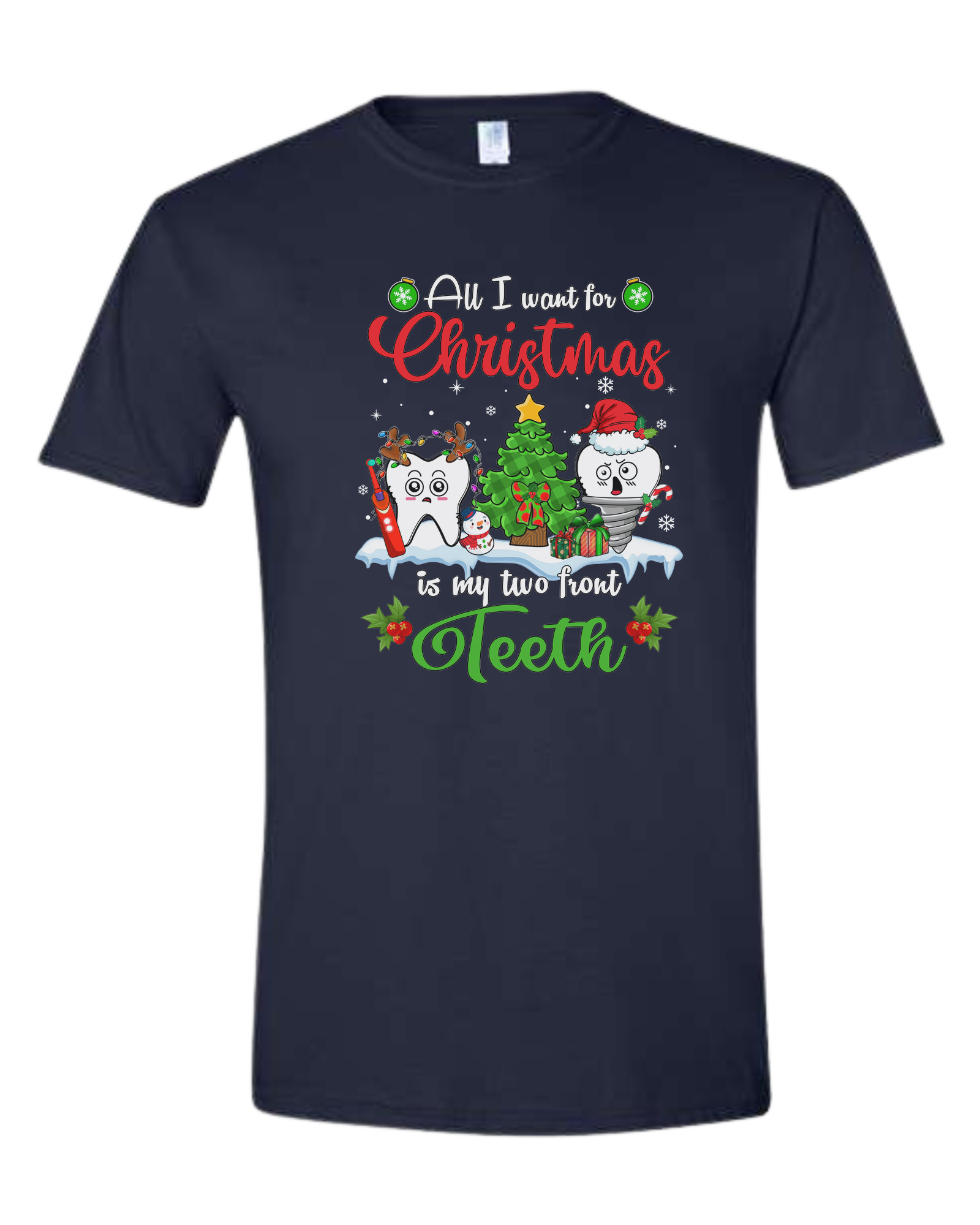 "All I want for Christmas is my two front teeth" Christmas teeth characters graphic Unisex crew-neck  graphic tee Navy Blue