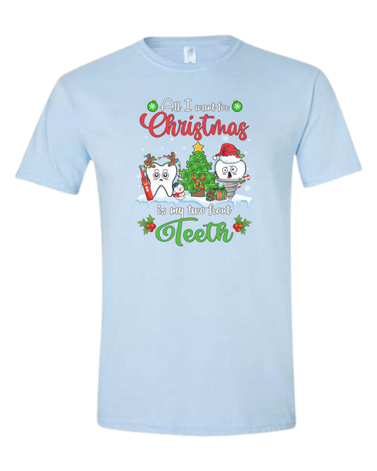 "All I want for Christmas is my two front teeth" Christmas teeth characters graphic Unisex crewneck graphic tee (light colors) Ice blue