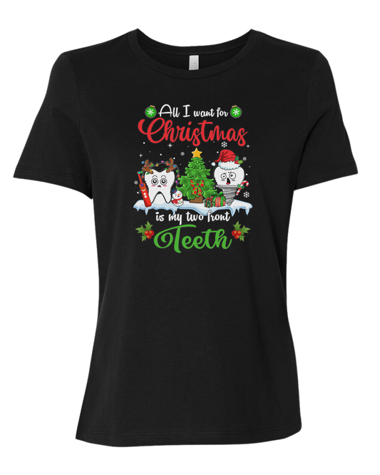 "All I want for Christmas is my two front teeth" Christmas teeth characters graphic Women's fit premium crewneck tee Black
