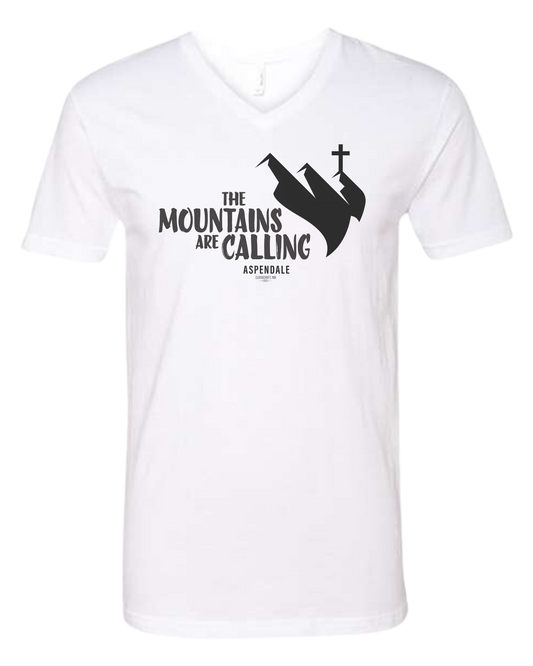 Aspendale "Mountains are Calling"  graphic (black) Premium unisex v-neck tee White