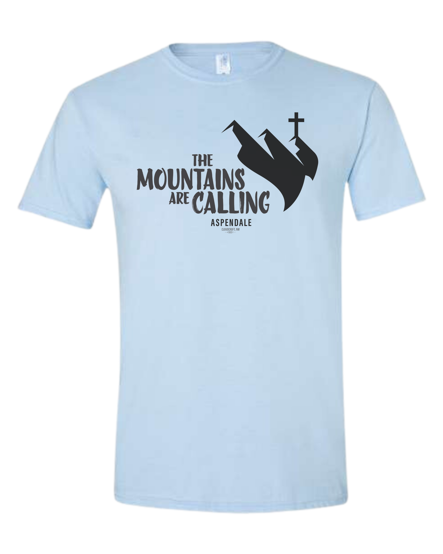 Aspendale "Mountains are Calling"  graphic (black) Unisex crewneck graphic tee (light colors) Ice blue