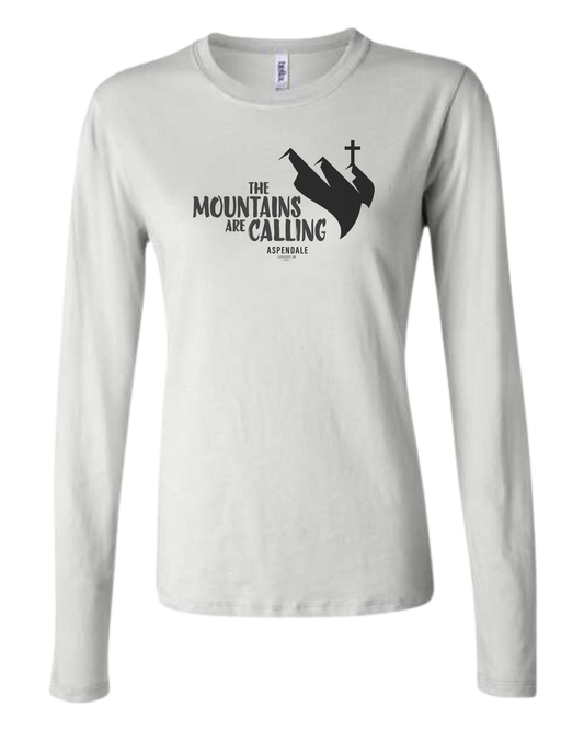 Aspendale "Mountains are Calling"  graphic (black) Women's fit crewneck long sleeve fit White