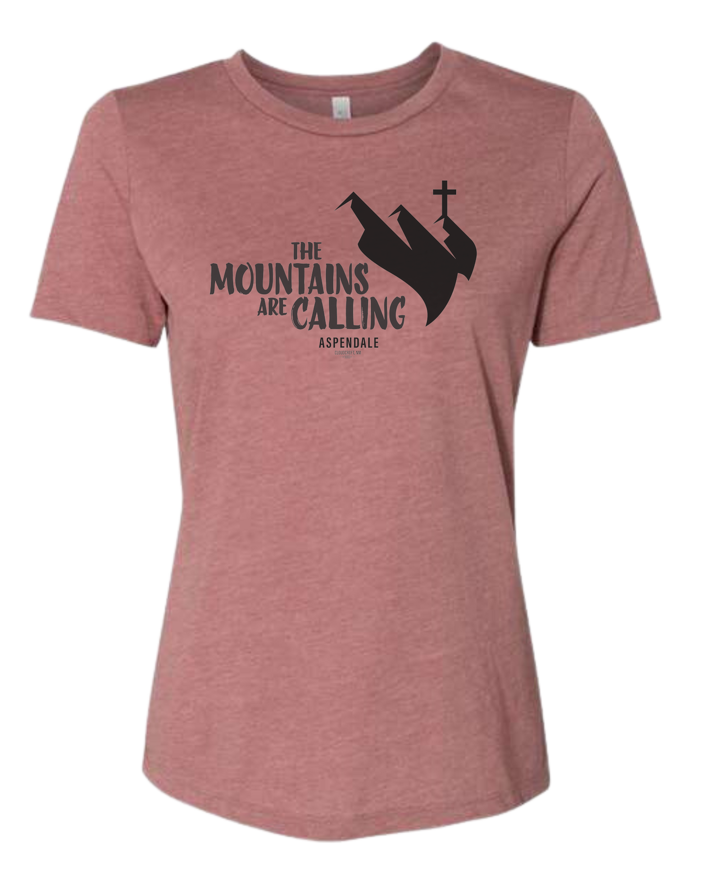 Aspendale "Mountains are Calling"  graphic (black) Women's fit premium crewneck tee Mauve Pink
