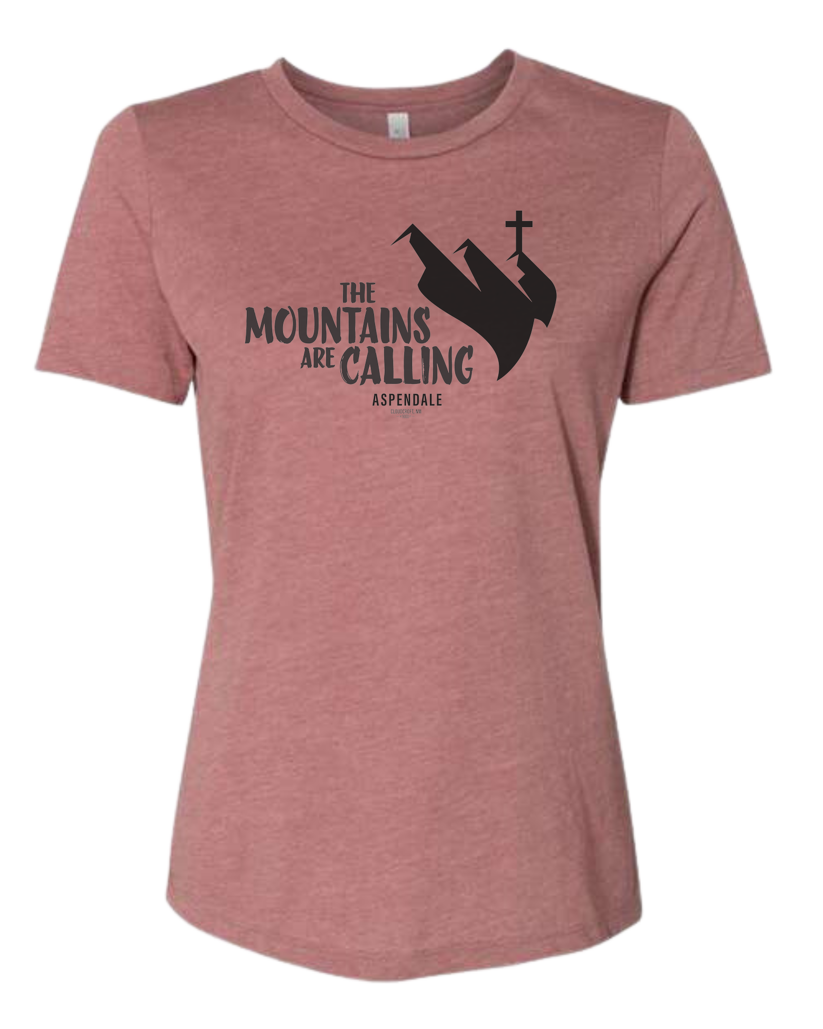 Aspendale "Mountains are Calling"  graphic (black) Women's fit premium crewneck tee Mauve Pink