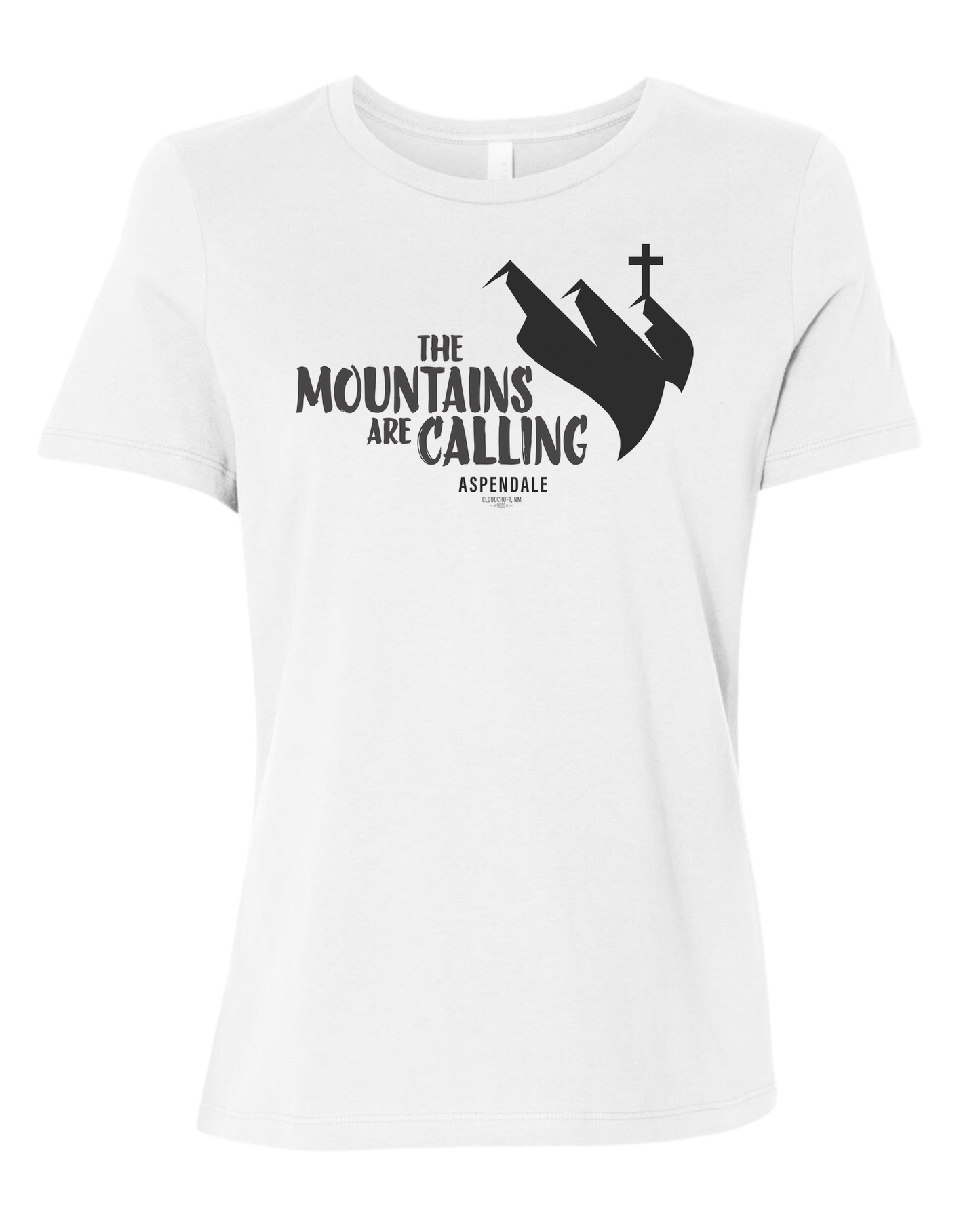 Aspendale "Mountains are Calling"  graphic (black) Women's fit premium crewneck tee White