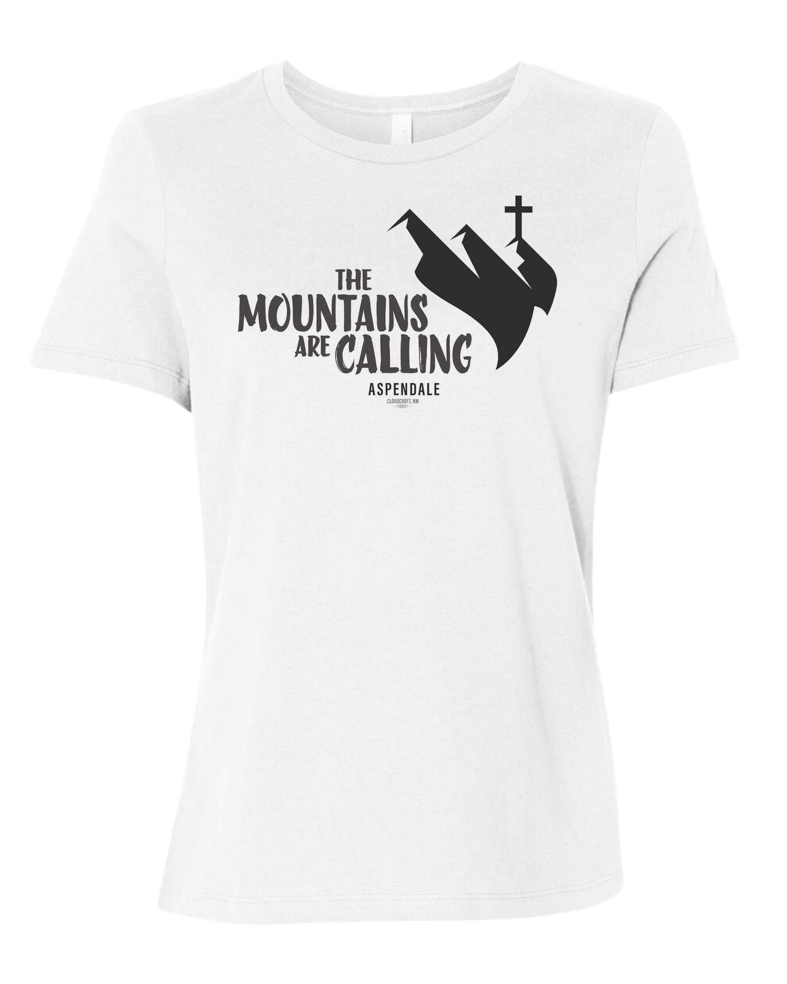 Aspendale "Mountains are Calling"  graphic (black) Women's fit premium crewneck tee White