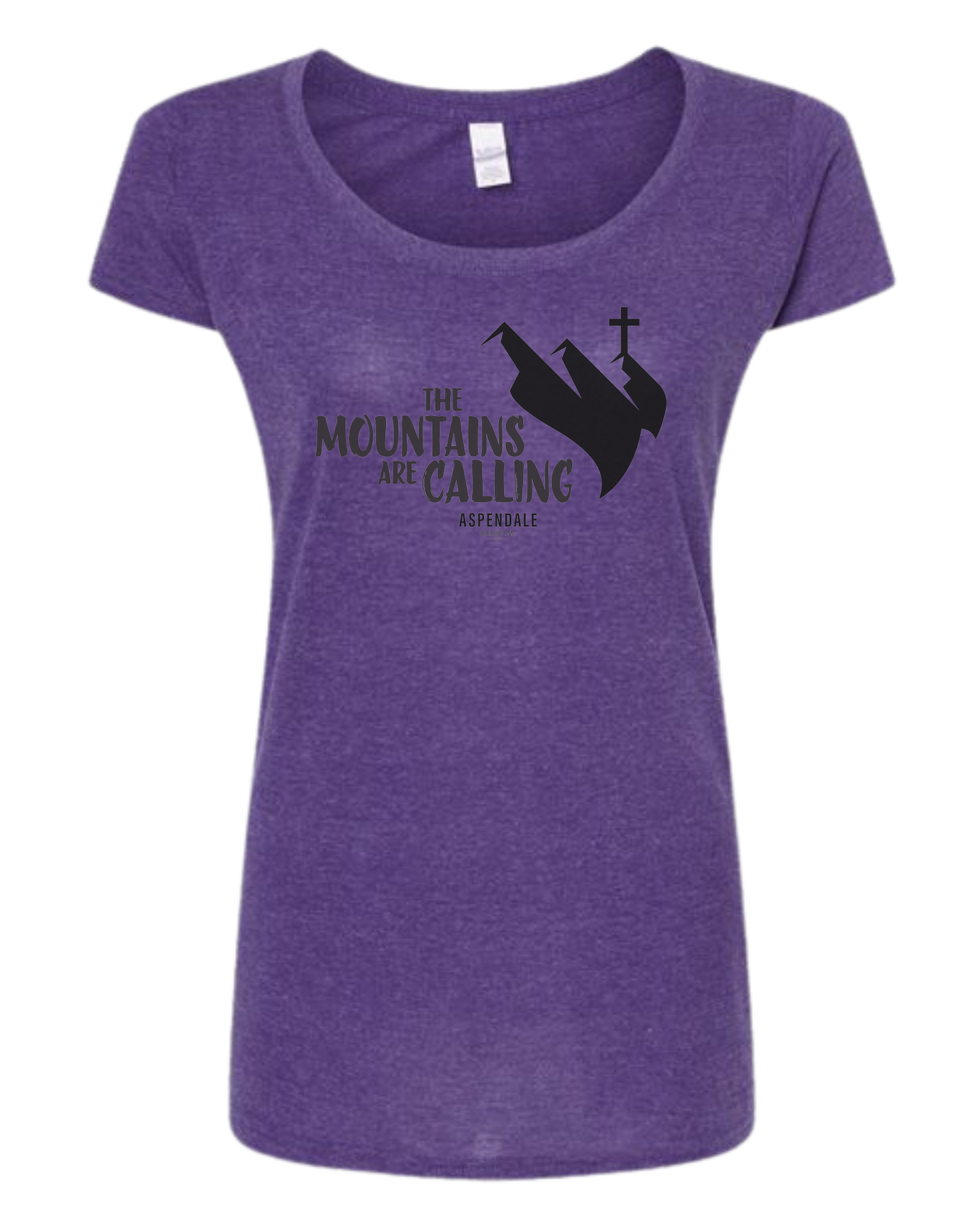 Aspendale "Mountains are Calling"  graphic (black) Women's fit scoop neck tee Heather Purple